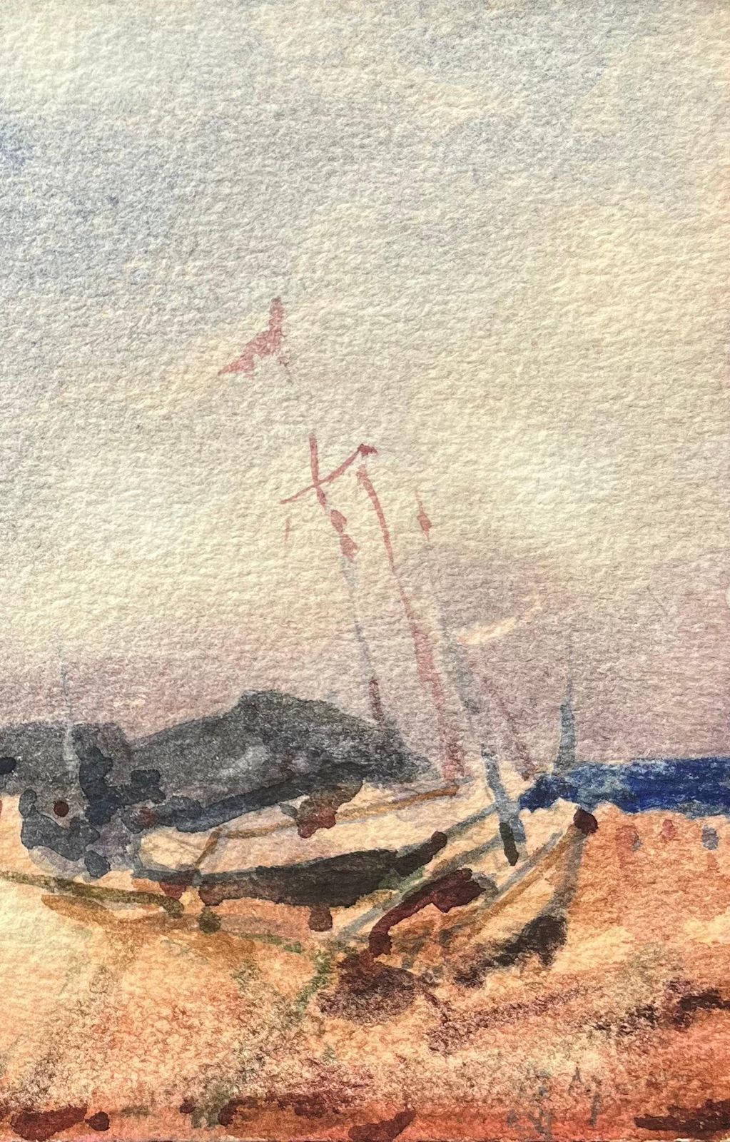 Maurice Mazeiliefrench Impressionist Watercolor Of Coastal Path With Beached Boats photo for sale