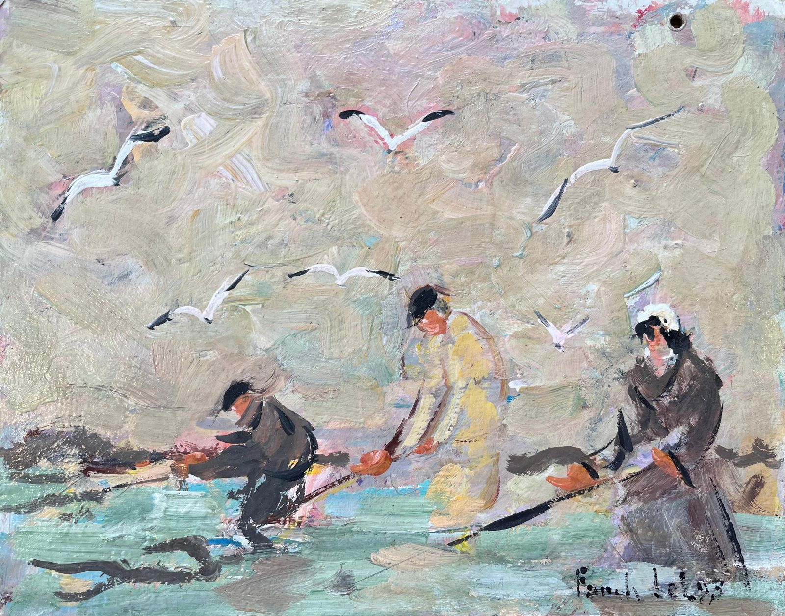Fanch Lelfrench Impressionist Oil Painting Of Seaside Harvesters With Gulls In Flight1993