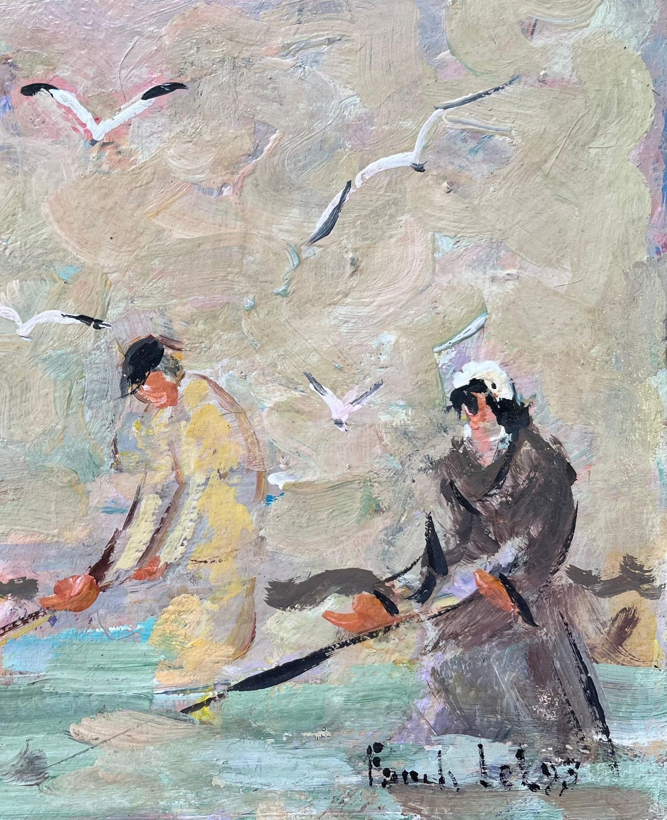 Fanch Lelfrench Impressionist Oil Painting Of Seaside Harvesters With Gulls In Flight1993 photo for sale