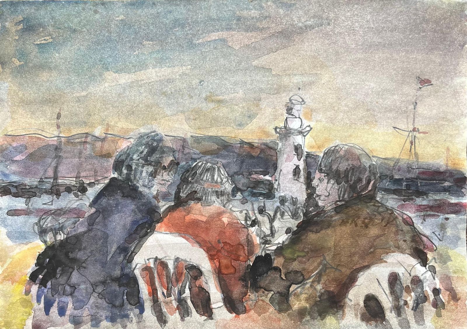 Maurice Mazeiliefrench Impressionist Watercolor Of Figures By The Lighthouse At Sunset
