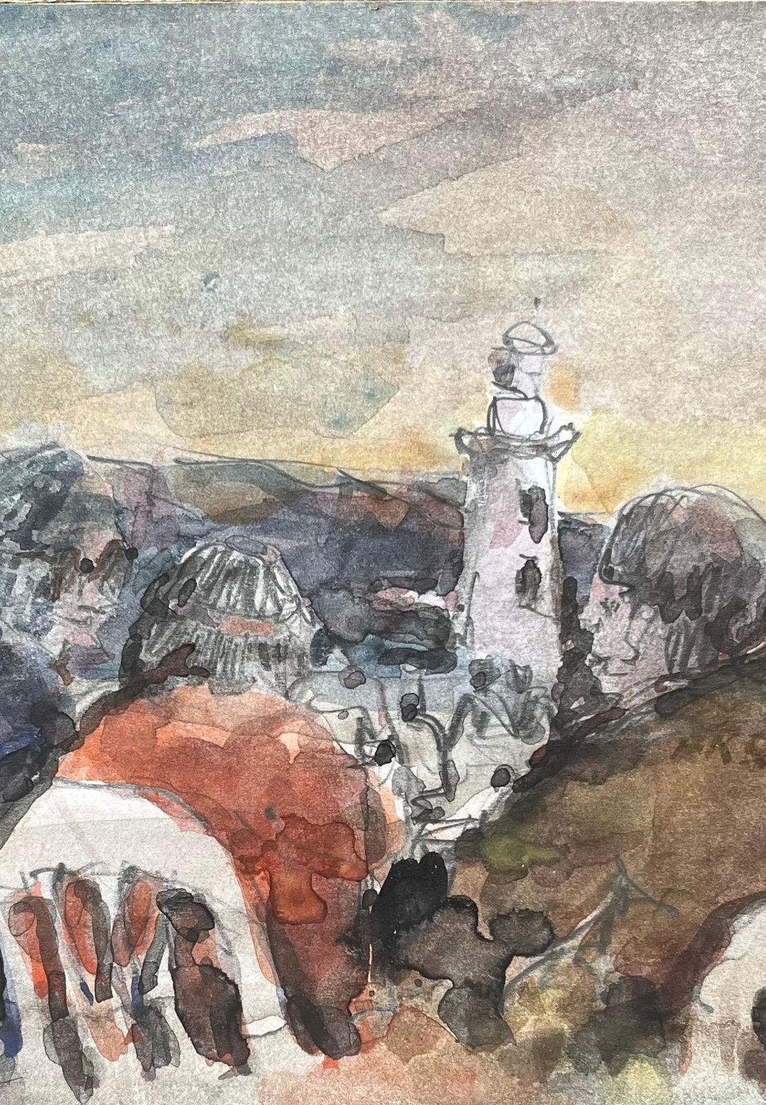 Maurice Mazeiliefrench Impressionist Watercolor Of Figures By The Lighthouse At Sunset photo for sale