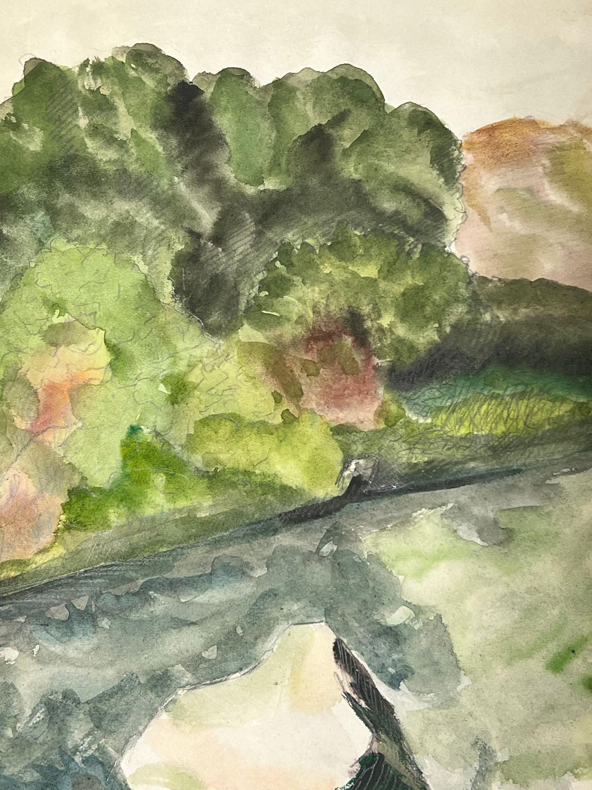 Suzanne Vattierimpressionistic Landscape In Watercolor With Lush Green Foliage And Reflections1971 photo for sale