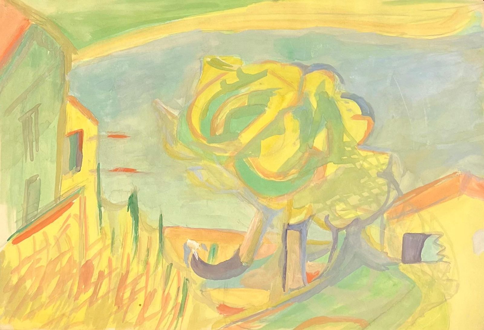 Suzanne Vattiervibrant Abstract Landscape With Yellow And Green Tones Featuring Swirling Tree1970's