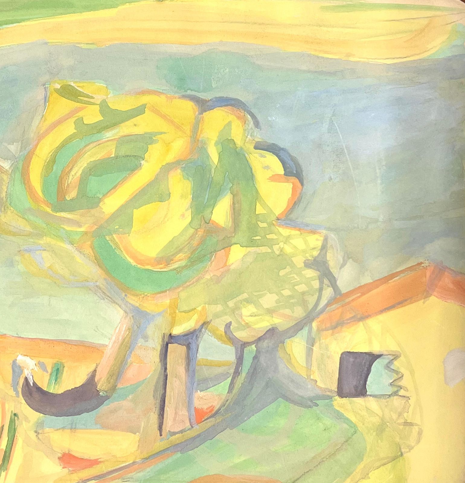 Suzanne Vattiervibrant Abstract Landscape With Yellow And Green Tones Featuring Swirling Tree1970's photo for sale