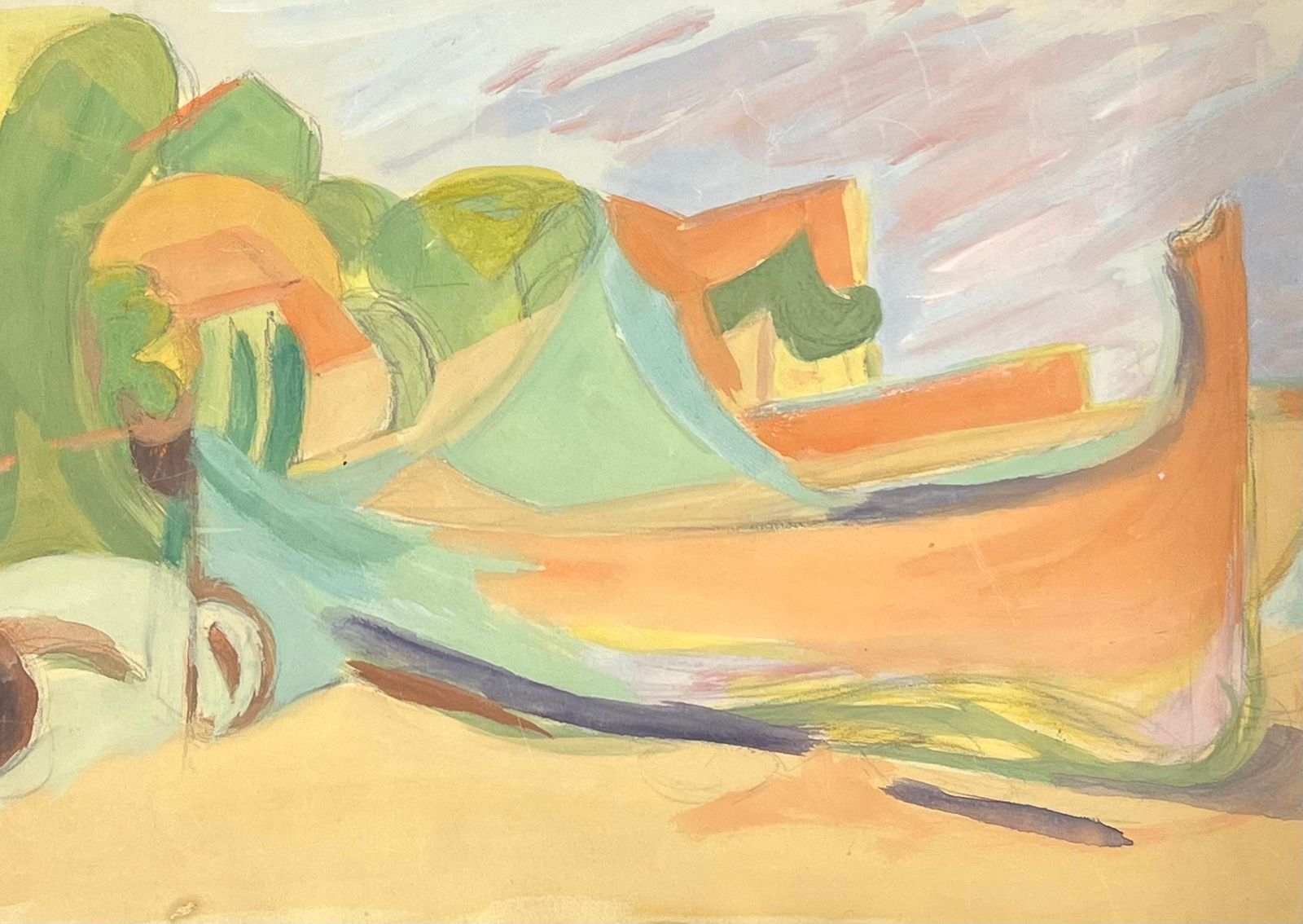 Suzanne Vattierfrench Abstract Coastal Boat Composition With Pastel Tones And Fluid Forms1970's photo Art