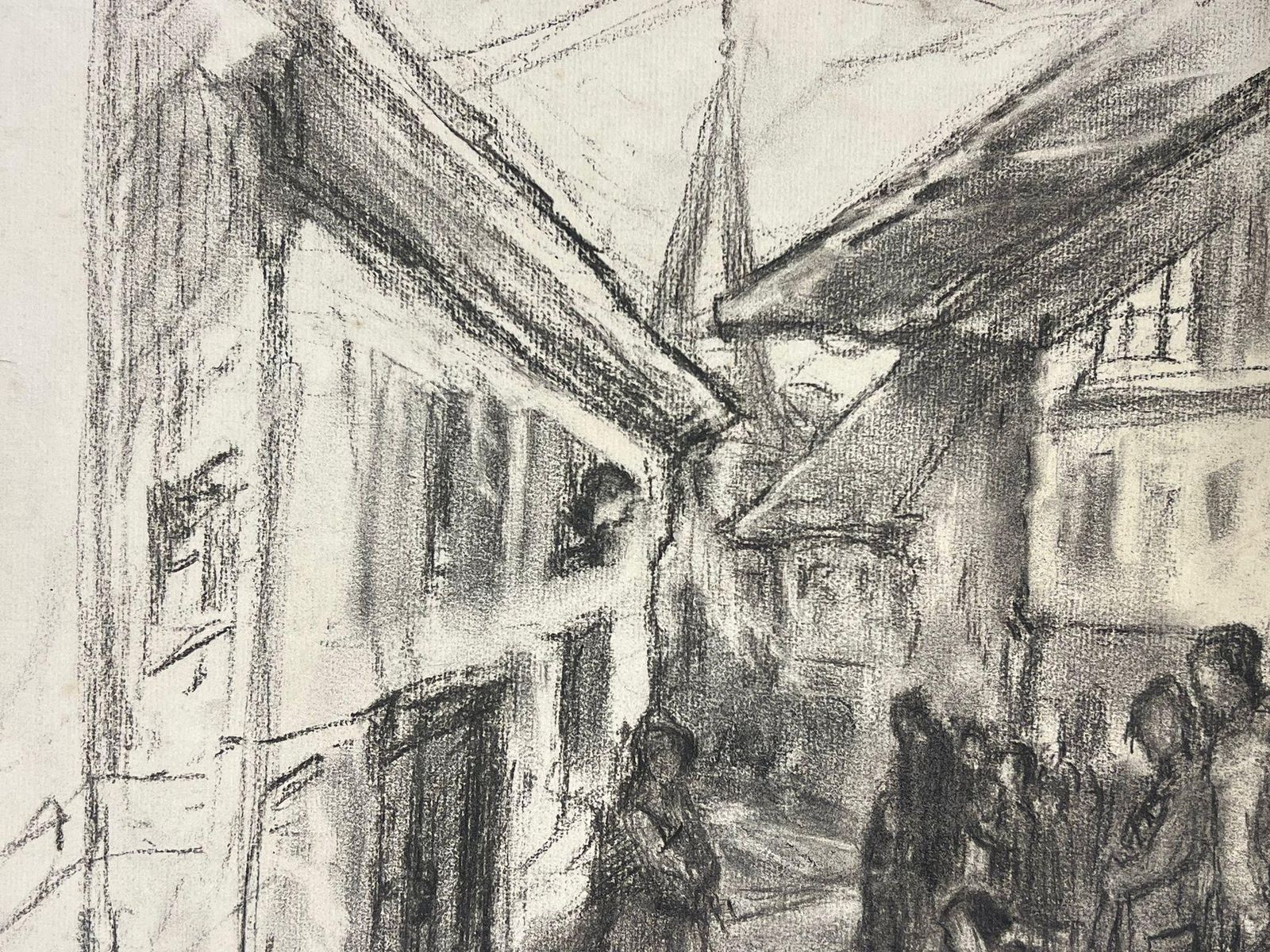French Schoolvillage Gathering Charcoal Sketch Of A Quaint European Street Scene With Figuresmid 20th Century photo Art