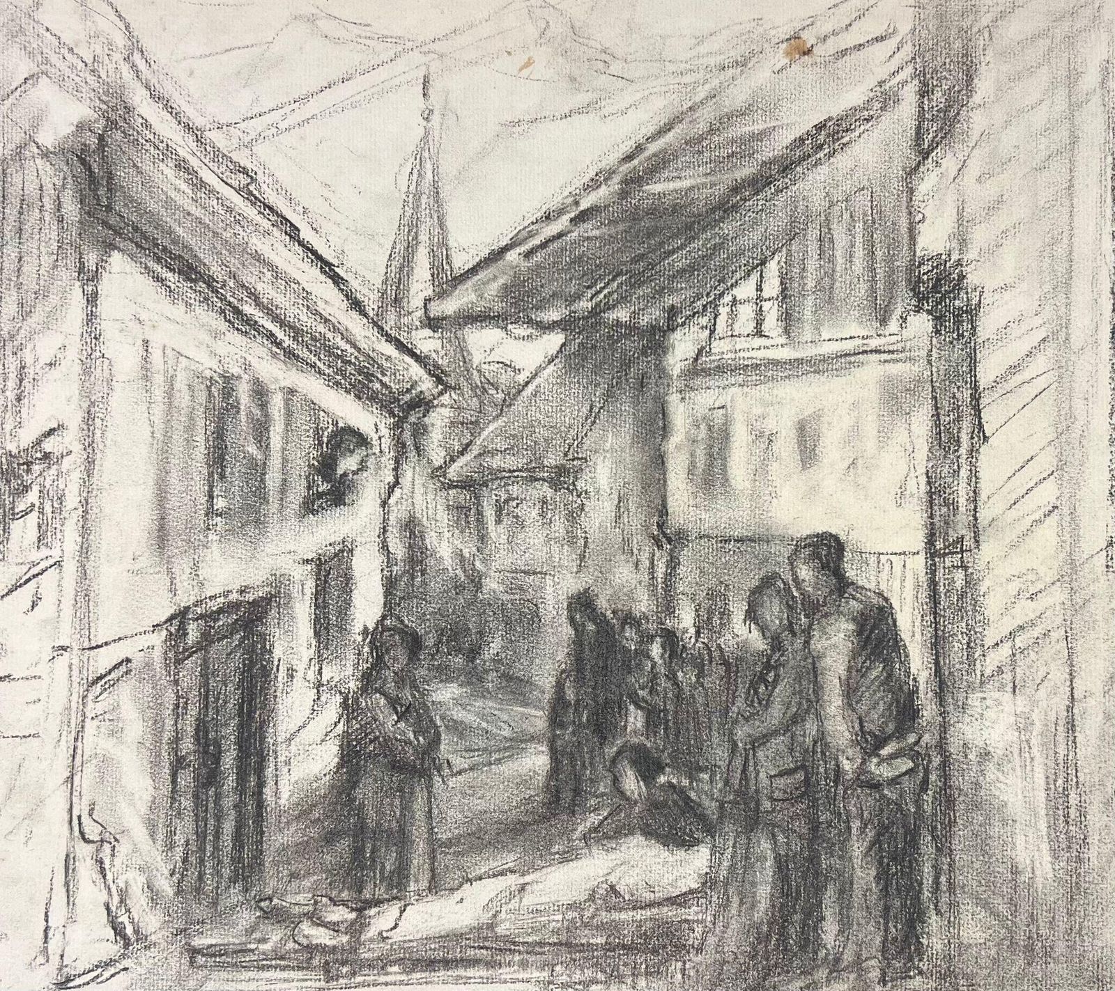 French Schoolvillage Gathering Charcoal Sketch Of A Quaint European Street Scene With Figuresmid 20th Century photo vinterior