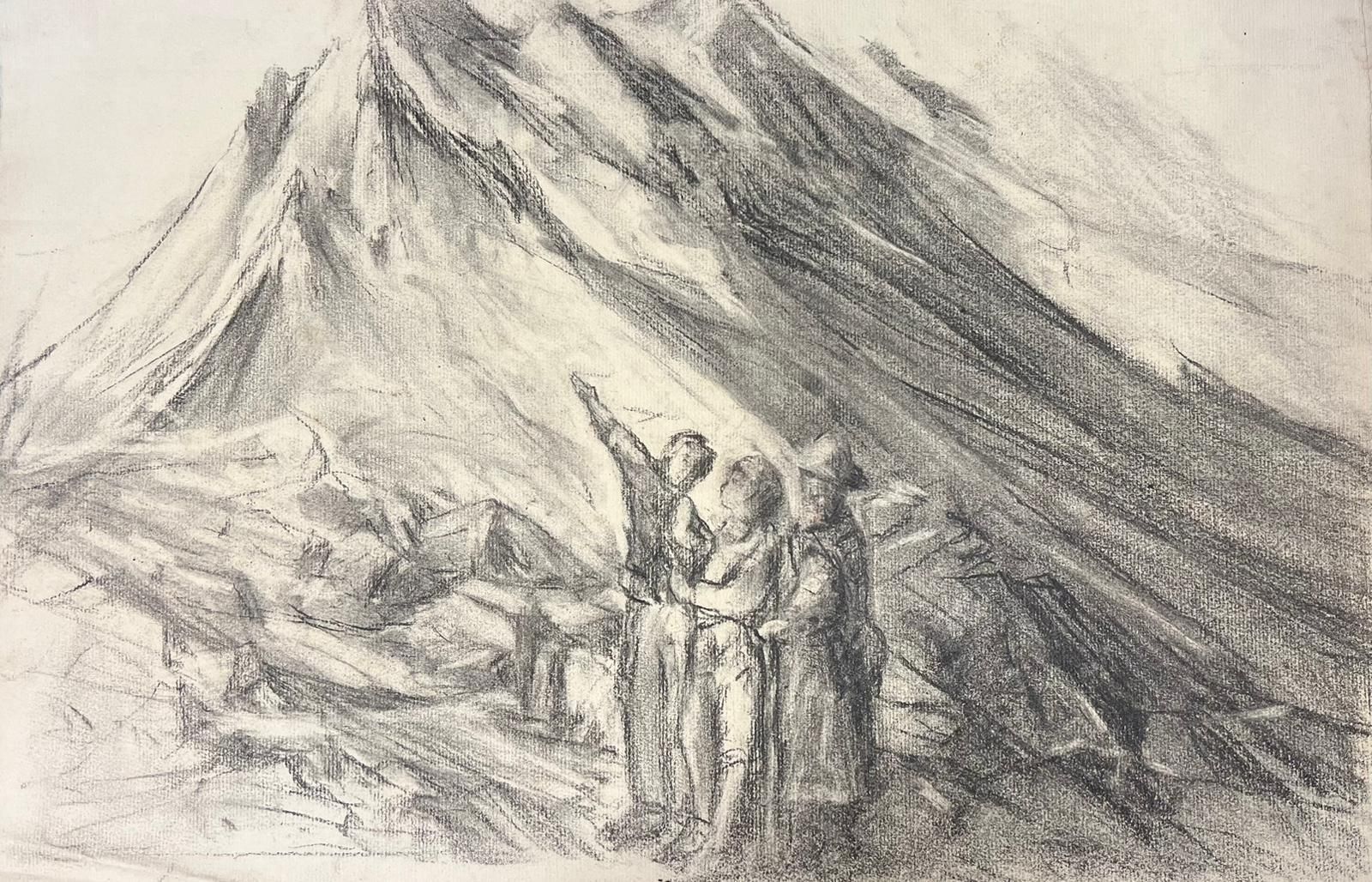 French Schoolexplorers In The Mountains Evocative Charcoal Sketch Depicting An Alpine Scenemid 20th Century