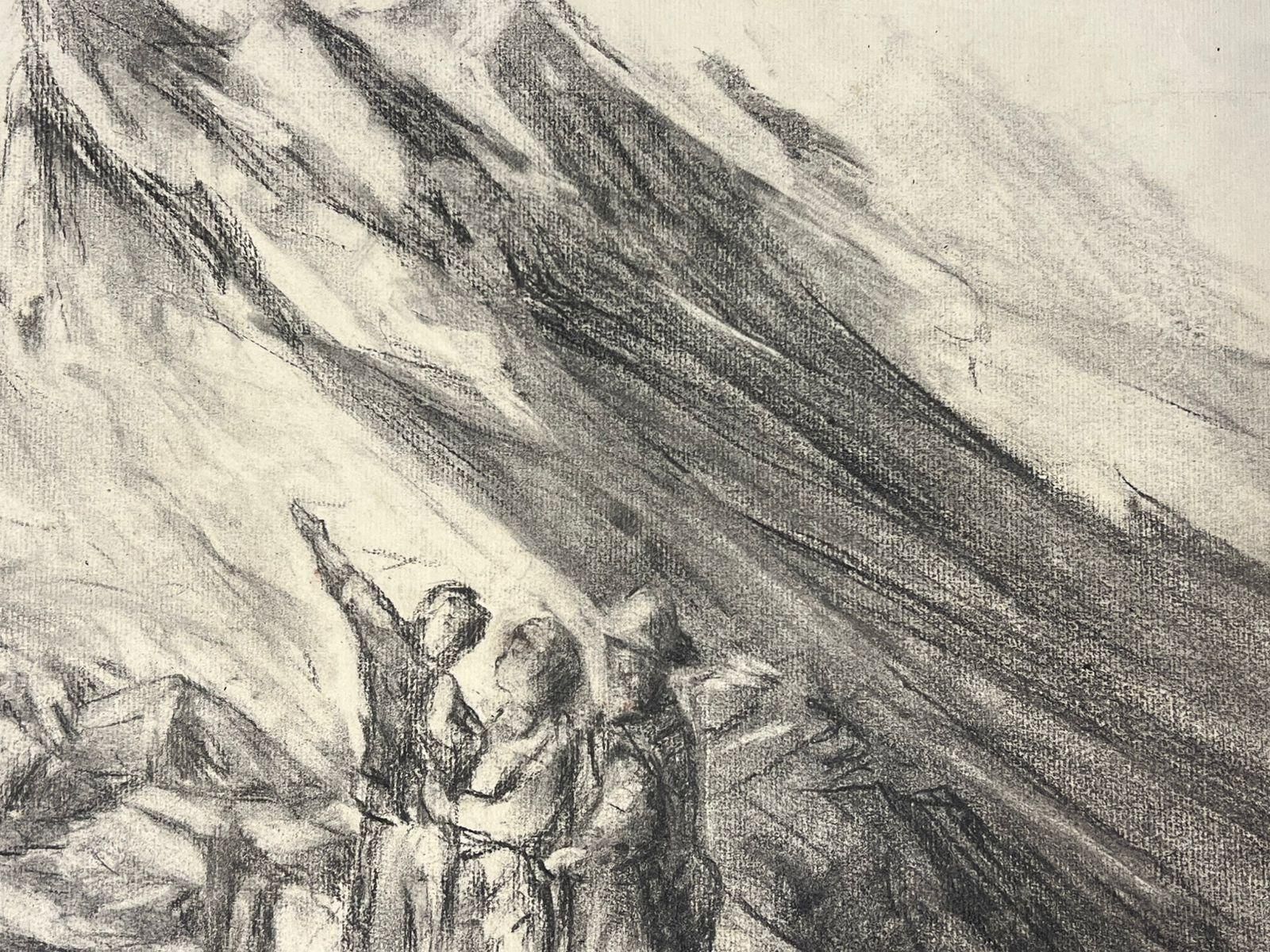 French Schoolexplorers In The Mountains Evocative Charcoal Sketch Depicting An Alpine Scenemid 20th Century photo 403.0