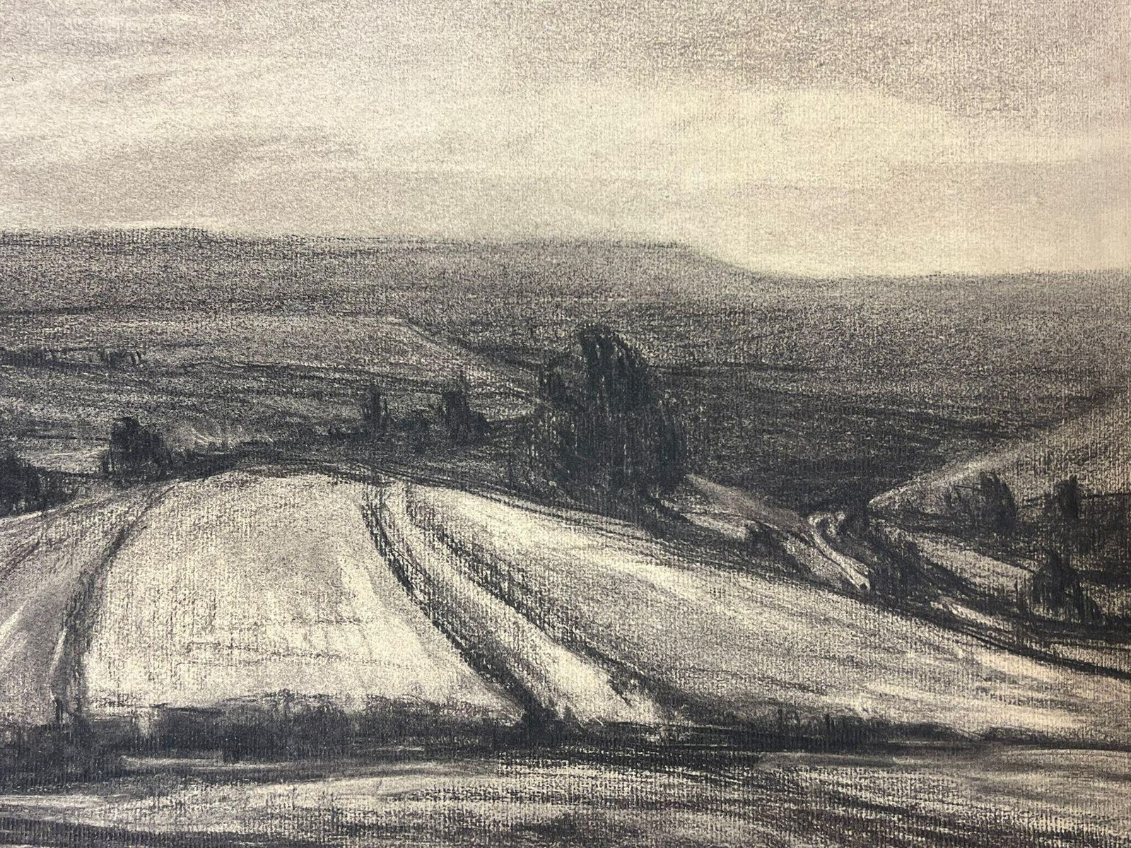 French Schoolvast Countryside View Charcoal Landscape Sketch With Rolling Fields Distant Hillmid 20th Century photo furniture