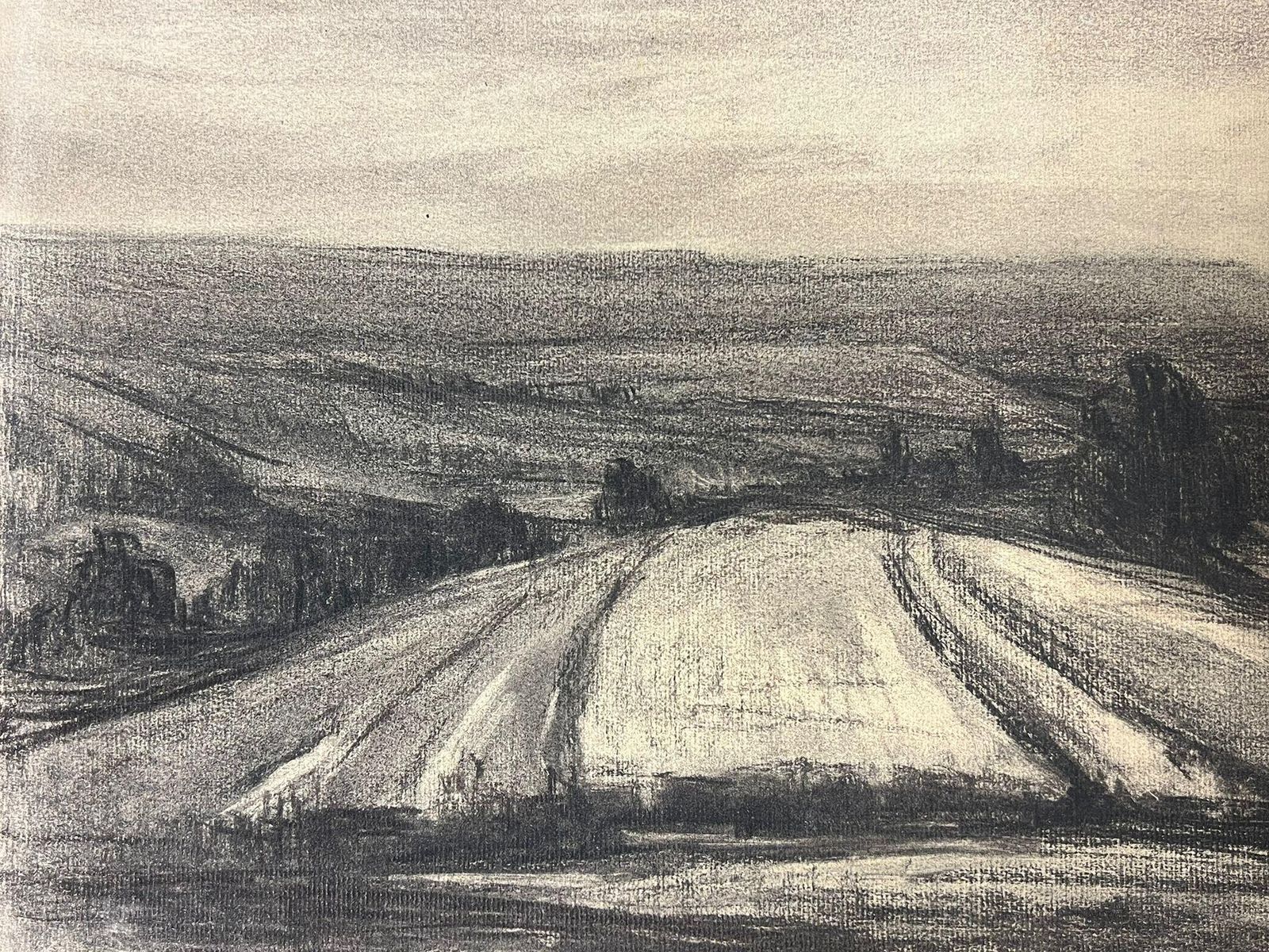 French Schoolvast Countryside View Charcoal Landscape Sketch With Rolling Fields Distant Hillmid 20th Century photo 403.0
