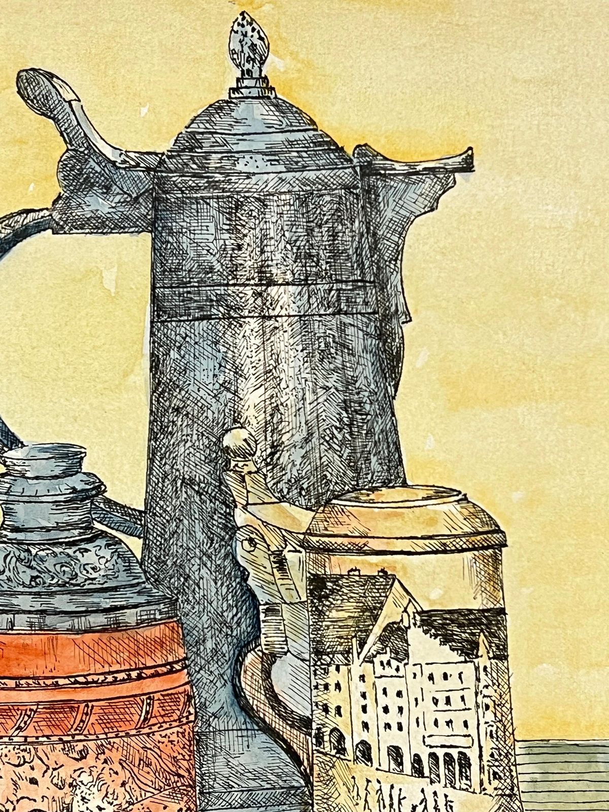 Bernard Labbe1950's Detailed Watercolor Still Life Featuring Ornate Tankards Painting1950's photo for sale
