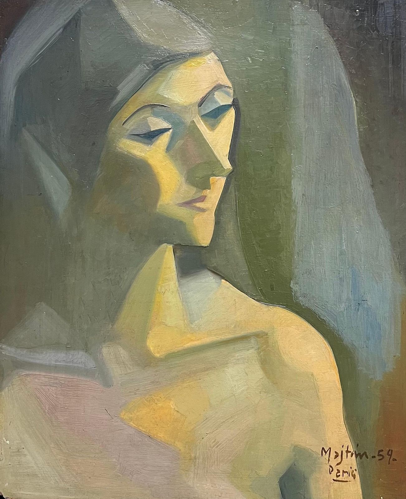 French Schoolmid Century Modernist Portrait Of A Woman In Muted Tones 1950's French Paintingmid 20th Century photo furniture