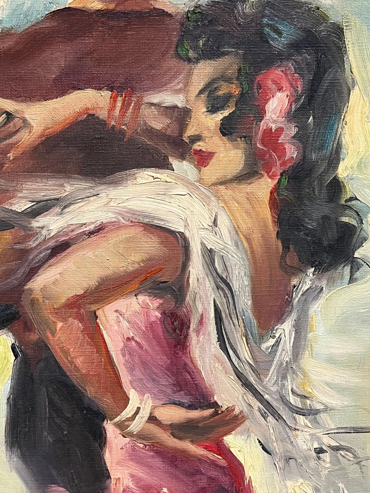 Spanish Mid 20th Centurymid Century Oil Painting In Ornate Frame Flamenco Dance Scene In Vibrant Colorsmid 20th Century photo vinterior