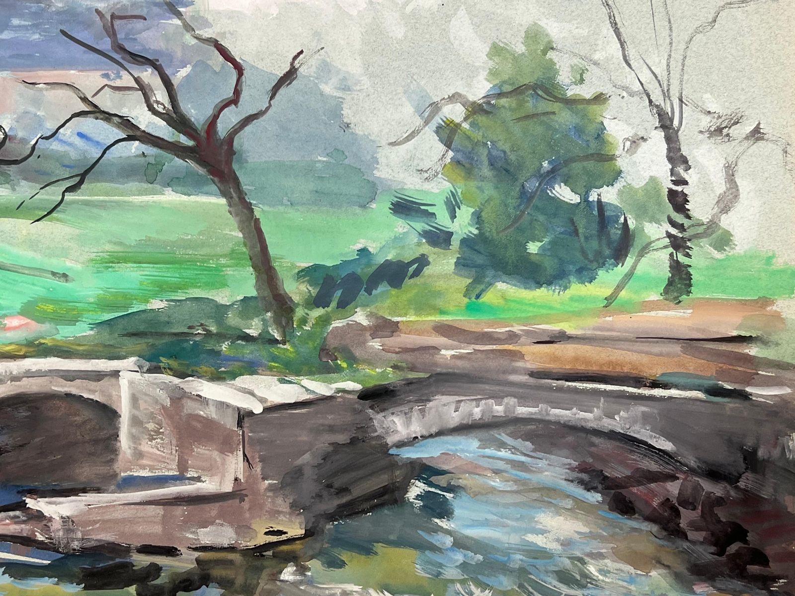 Regine Davidlandscape Of A French Countryside With Stone Bridge And Cathedral In Distance1950's photo 550.0