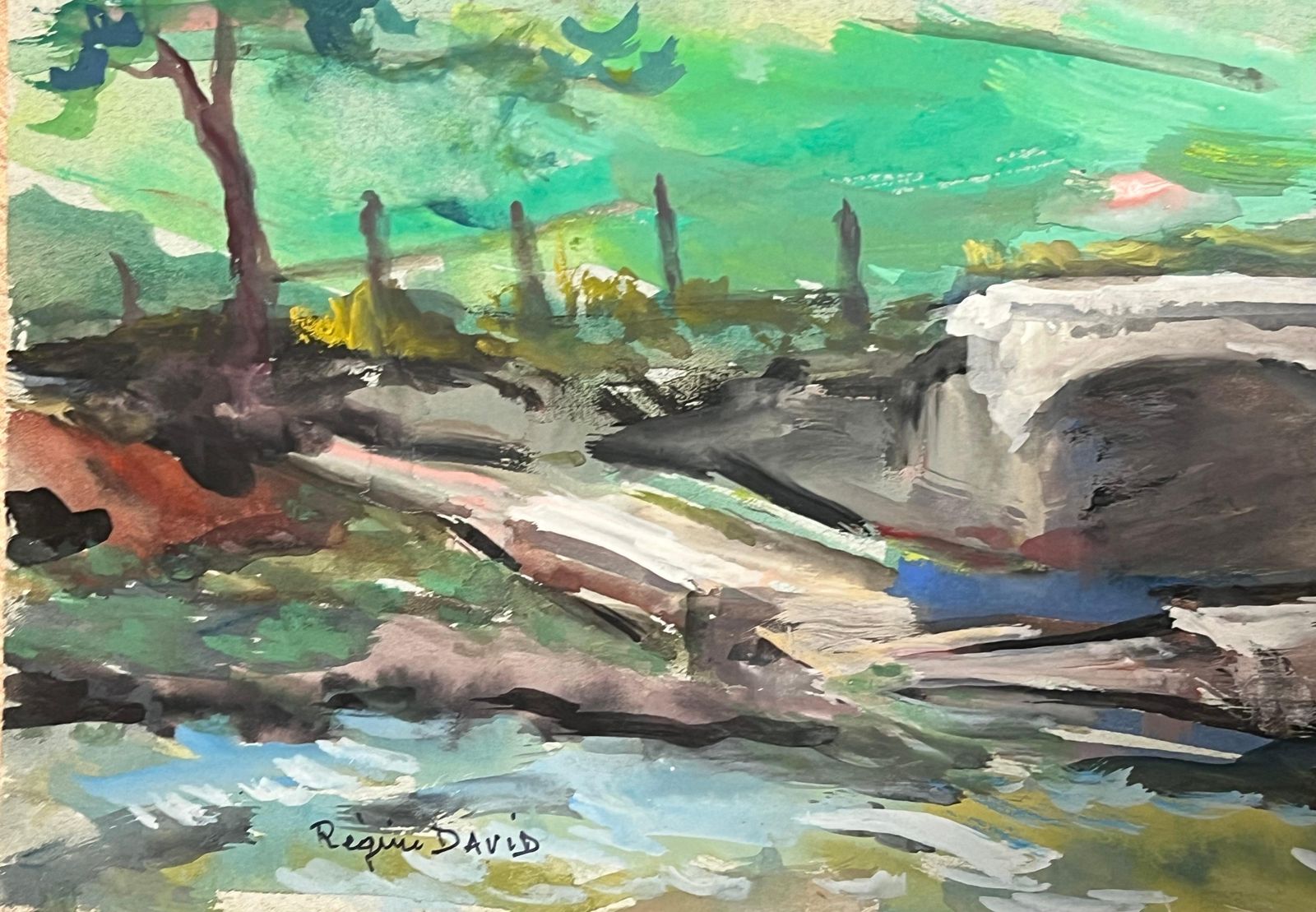Regine Davidlandscape Of A French Countryside With Stone Bridge And Cathedral In Distance1950's photo vinterior