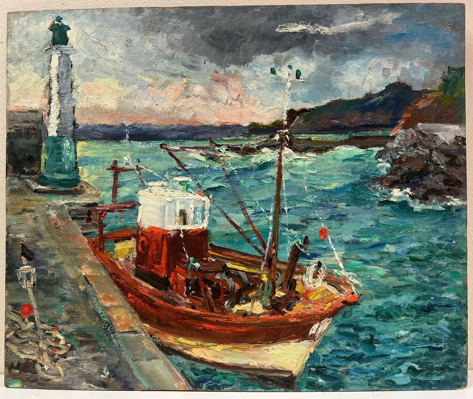 Regine Davidvibrant Coastal Scene Of A Fishing Boat Docked By A Lighthouse French Landscape1950's photo furniture
