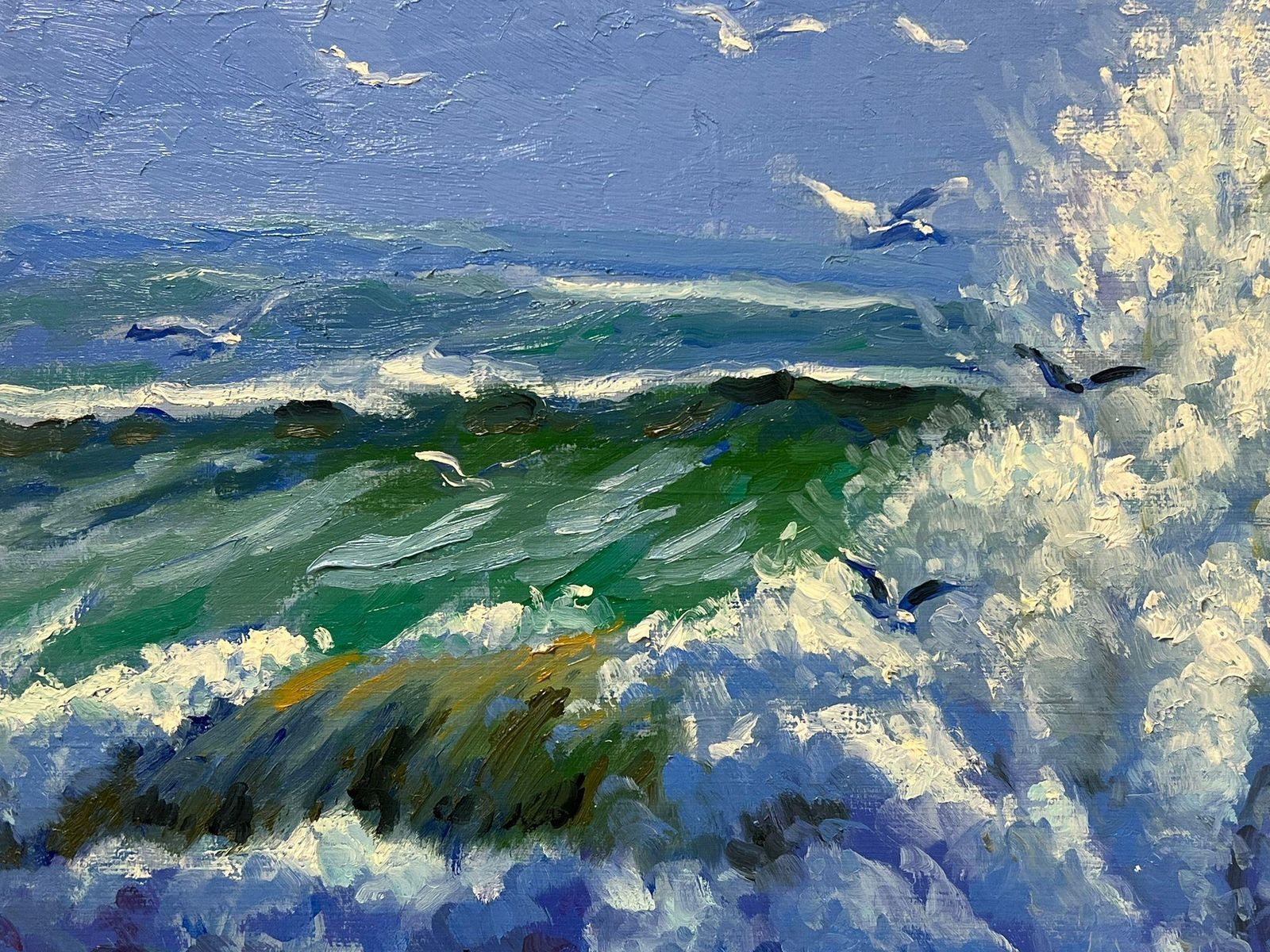 Georges Bordonovecoastal Scene With Crashing Waves Seagulls In Flight And Vibrant Ocean Colors1997 photo 892.0