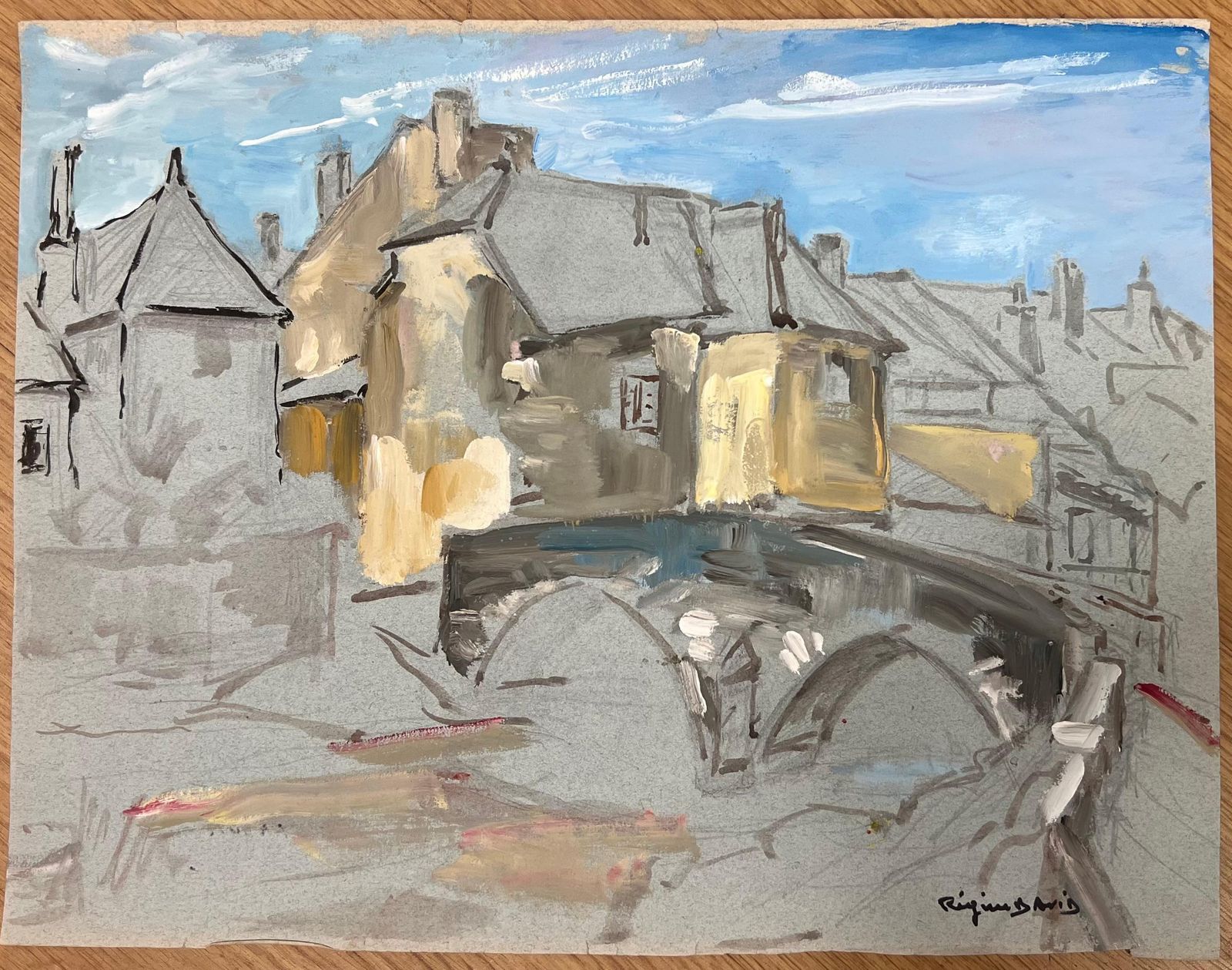 Regine Davidimpressionistic Depiction Of A Quaint French Village Scene With Stone Bridge1950's photo furniture