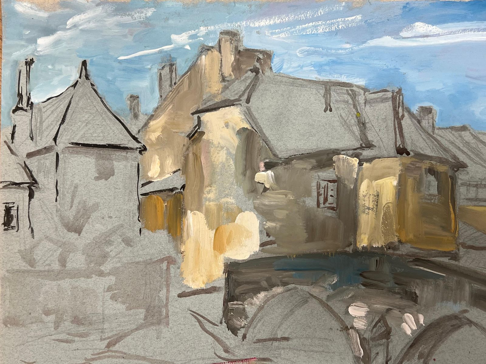 Regine Davidimpressionistic Depiction Of A Quaint French Village Scene With Stone Bridge1950's photo Art