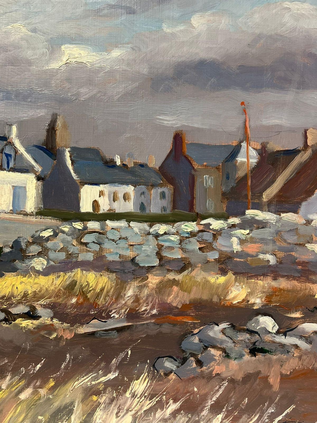 Georges Bordonovemoody Seaside Village French Landscape With Stormy Sky And Windswept Grasses1997 photo for sale
