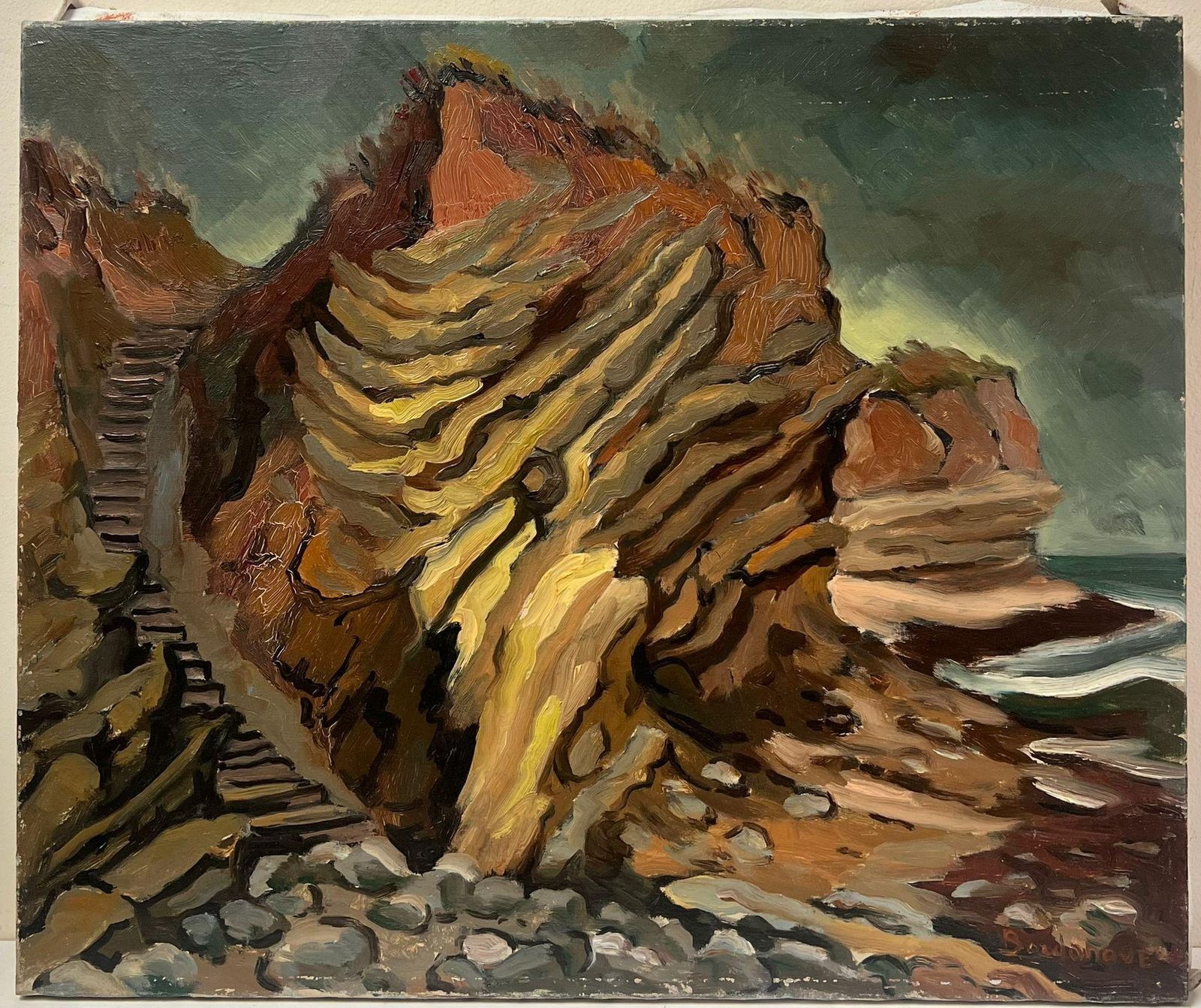 Georges Bordonovefrench Landscape Dramatic Rock Formations And Coastal Stairs Leading To The Sea1997 photo furniture