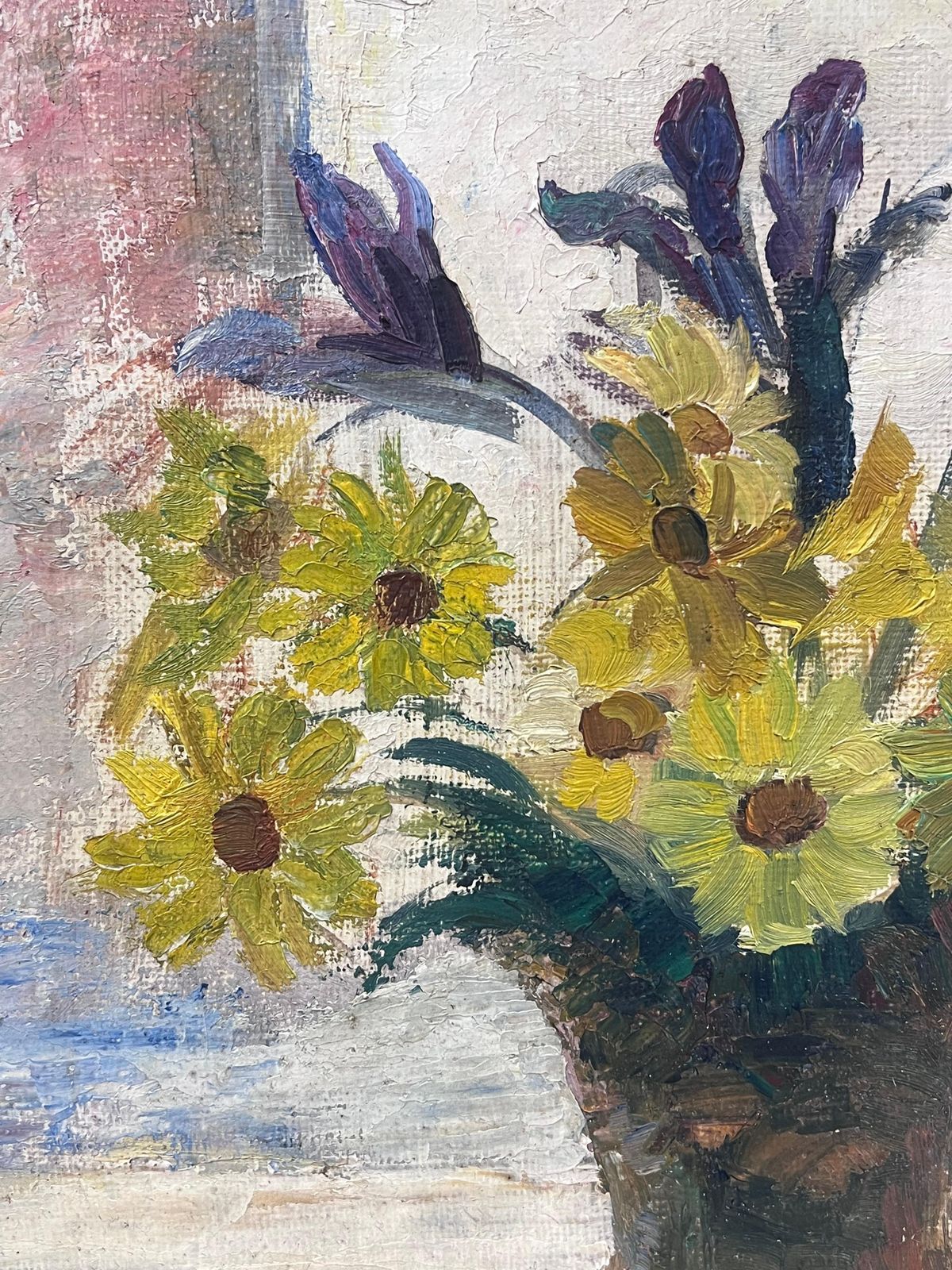 Simone Forge1930's French Oil Bright Still Life Yellow Daisies Purple Irises In A Glass Vase photo Art
