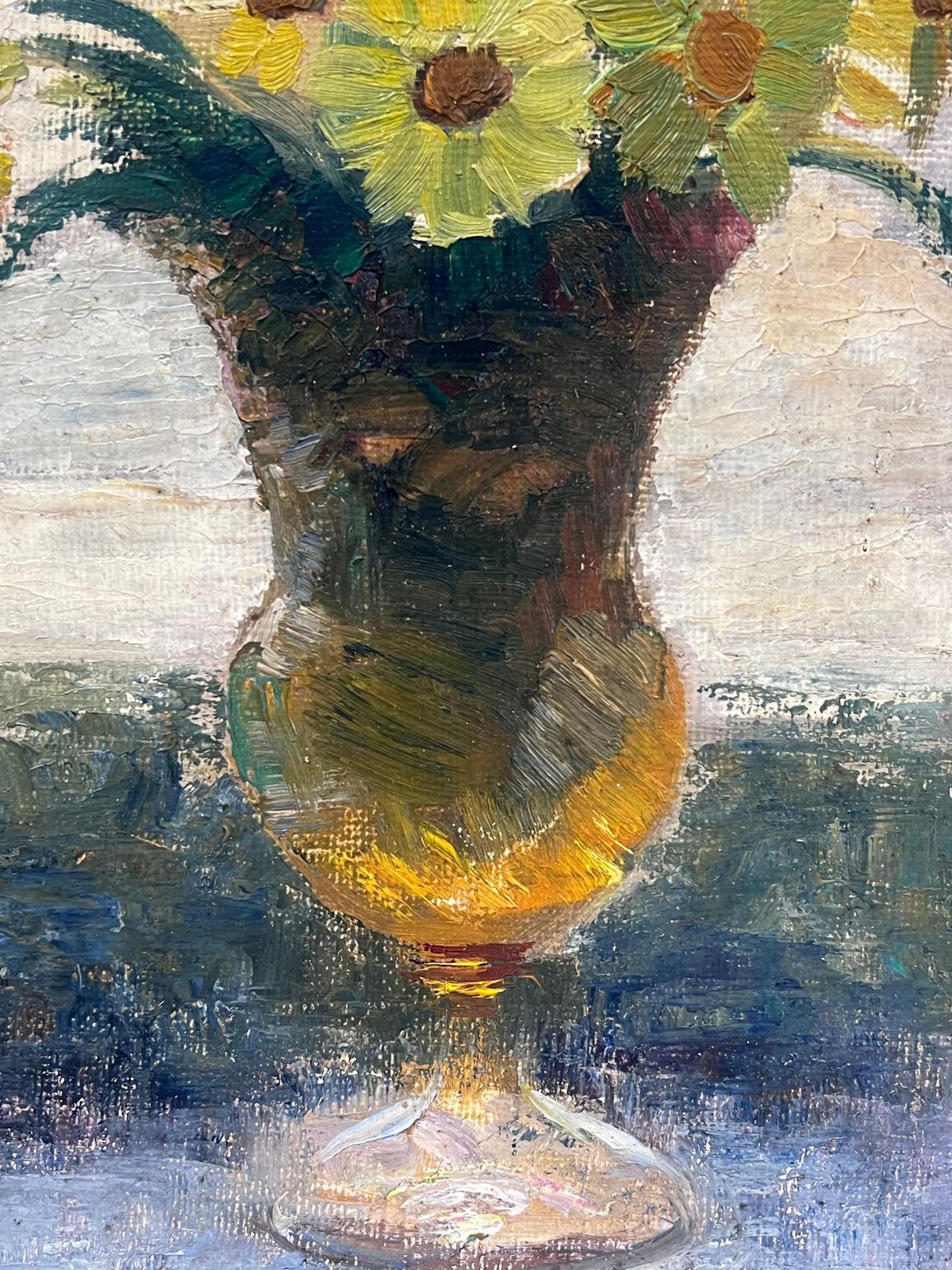 Simone Forge1930's French Oil Bright Still Life Yellow Daisies Purple Irises In A Glass Vase photo 675.0