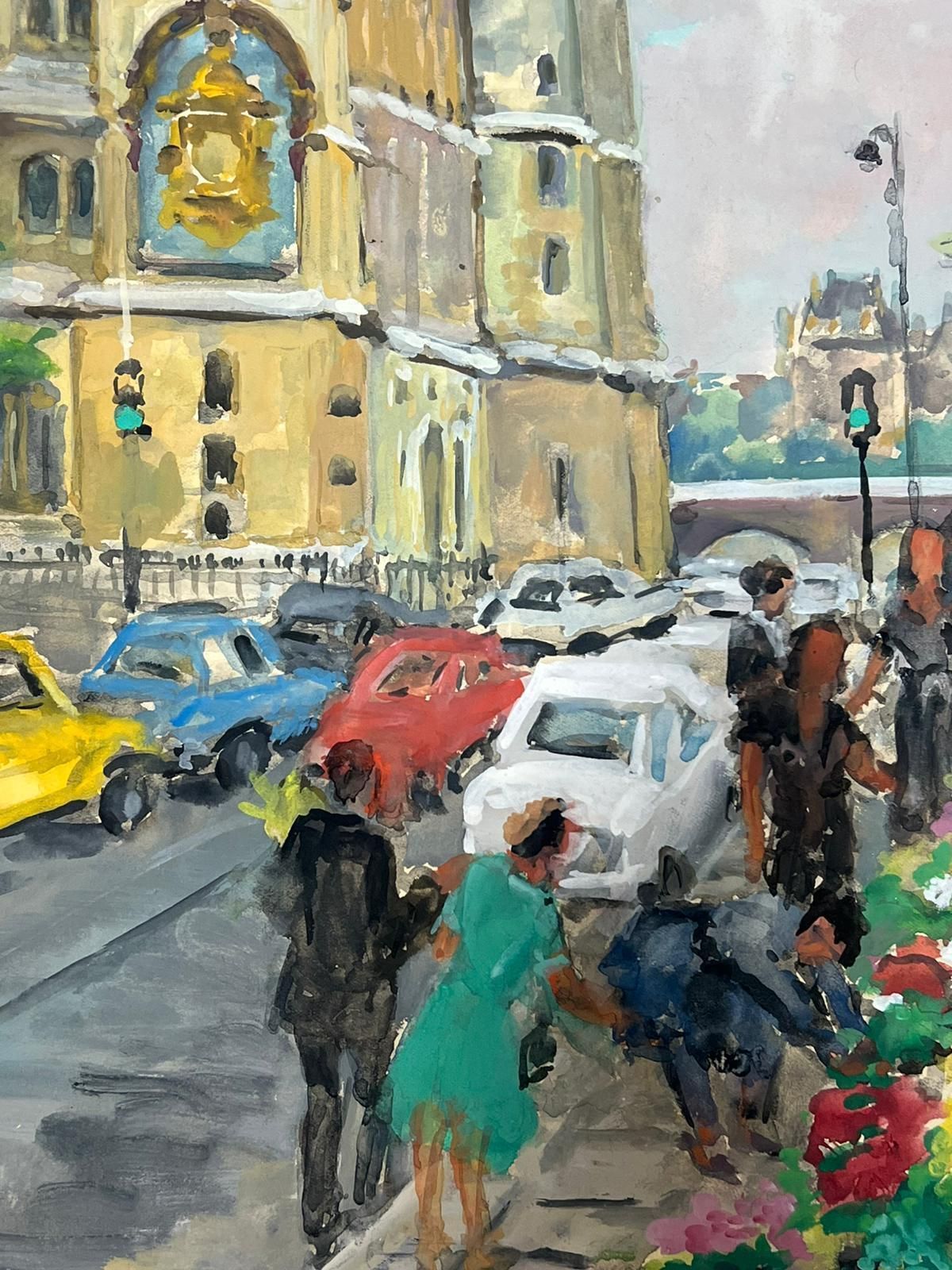 Regine Davidcharming Parisian Street Scene With Flower Market And Historic Architecture1950's photo vintage