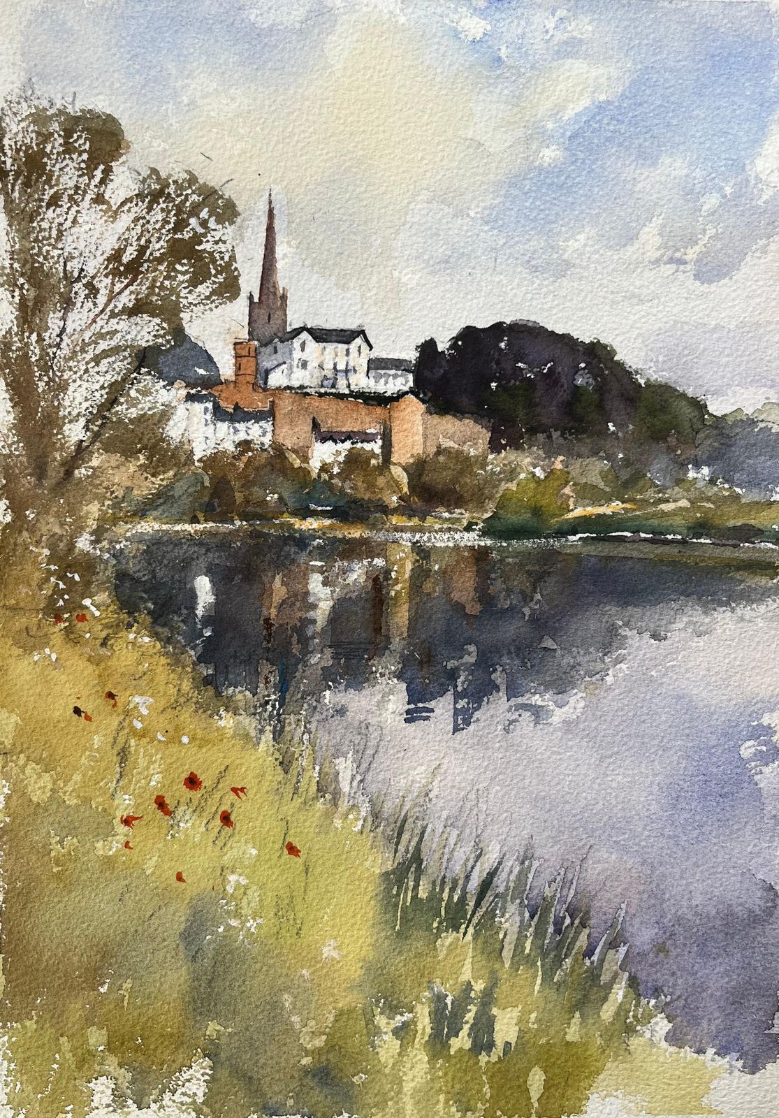 Anthony Averybritish Impressionist Watercolor Of Church Reflection By The Riverside