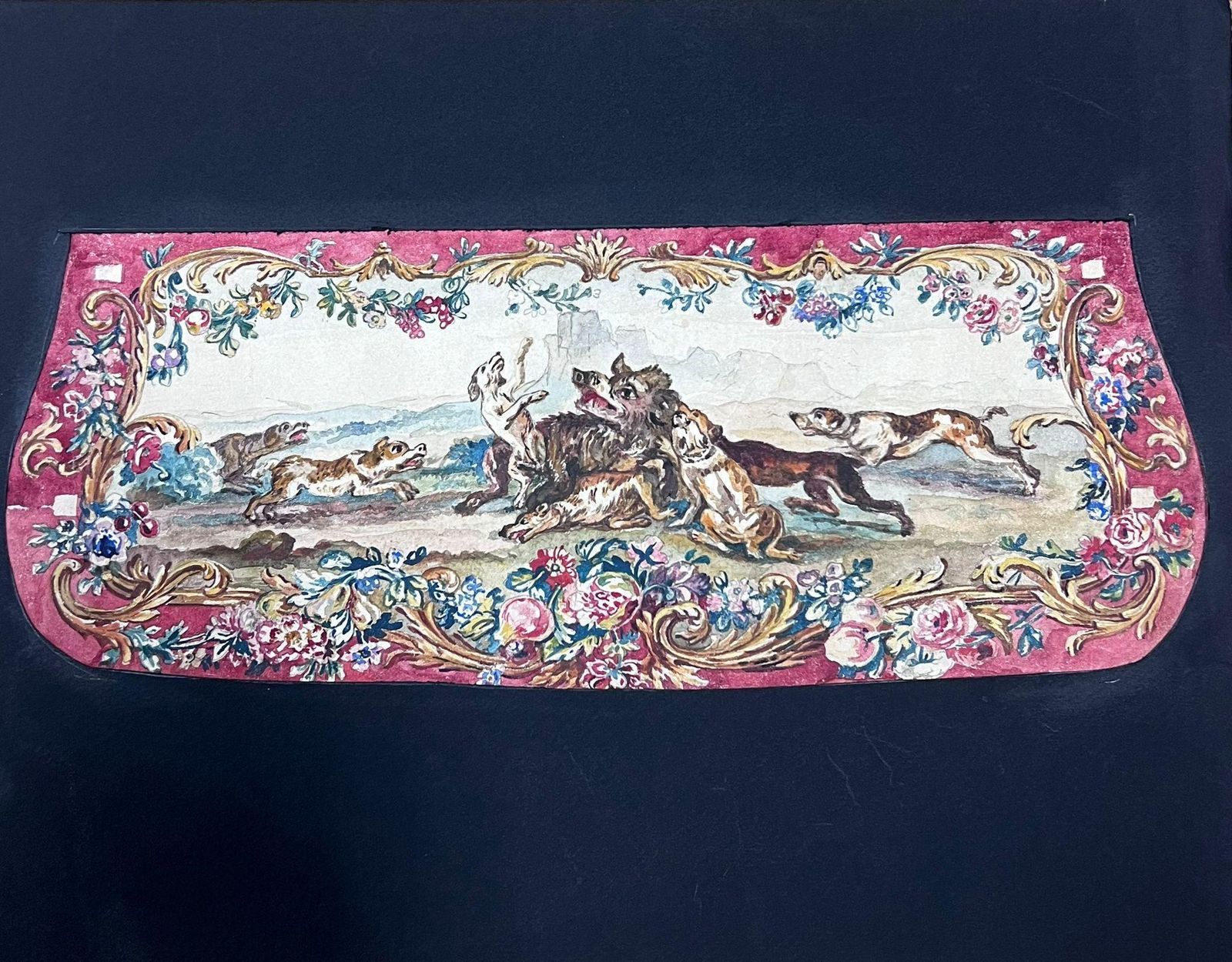 French Schoolexuberant Hunting Scene With Dogs In Motion Ornate Rococo Floral Scrollworkearly 19th Century