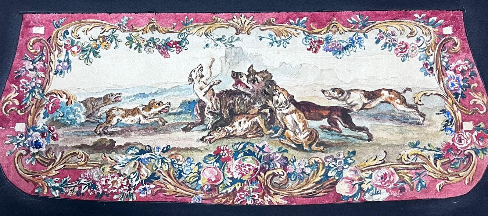 French Schoolexuberant Hunting Scene With Dogs In Motion Ornate Rococo Floral Scrollworkearly 19th Century photo for sale