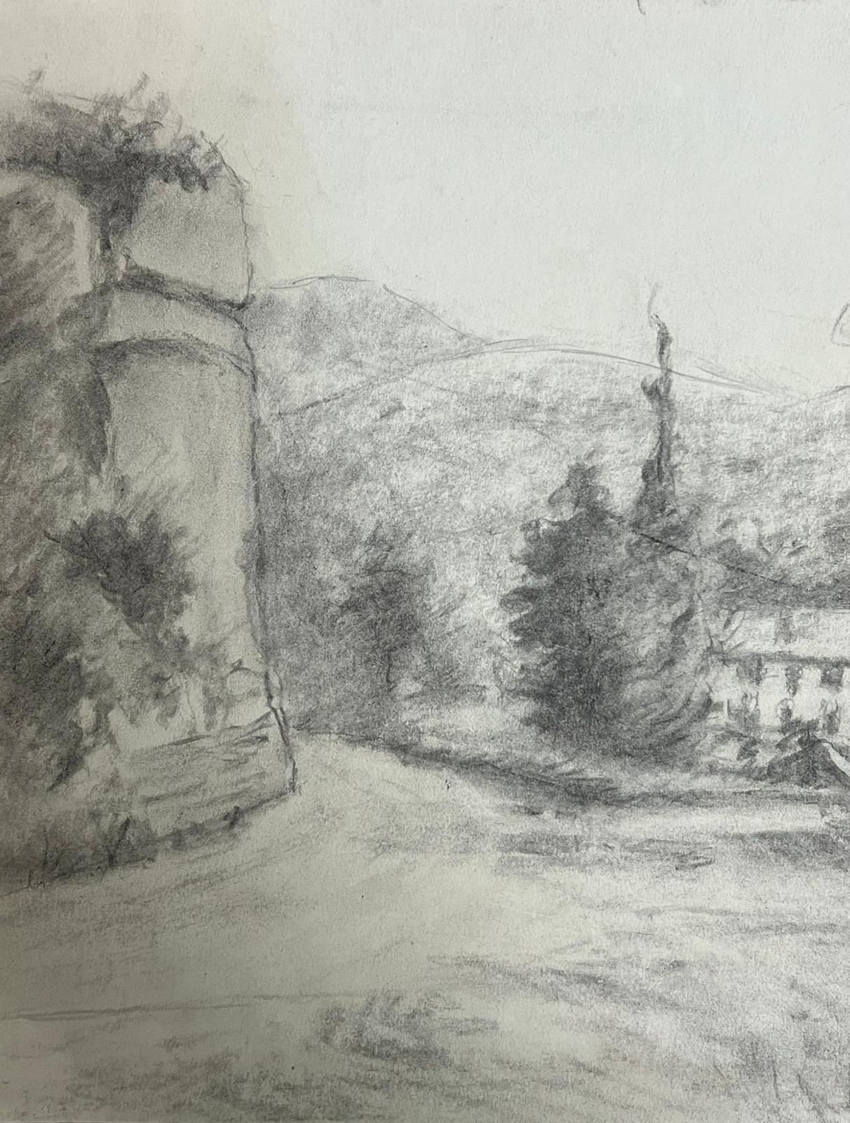Regine Davidrural Landscape With Farmhouse And Trees Atmospheric Drawing1957 photo for sale