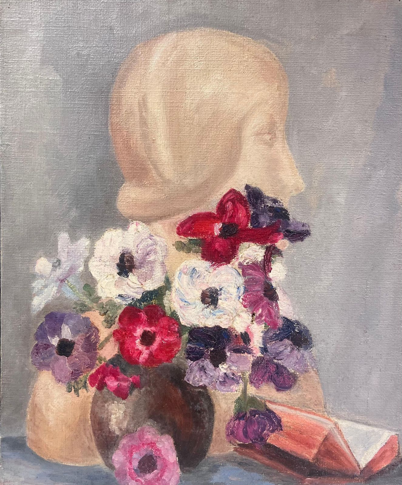 Simone Forgestill Life With Bust Sculpture Vibrant Anemone Flowers And Folded Book19th Century