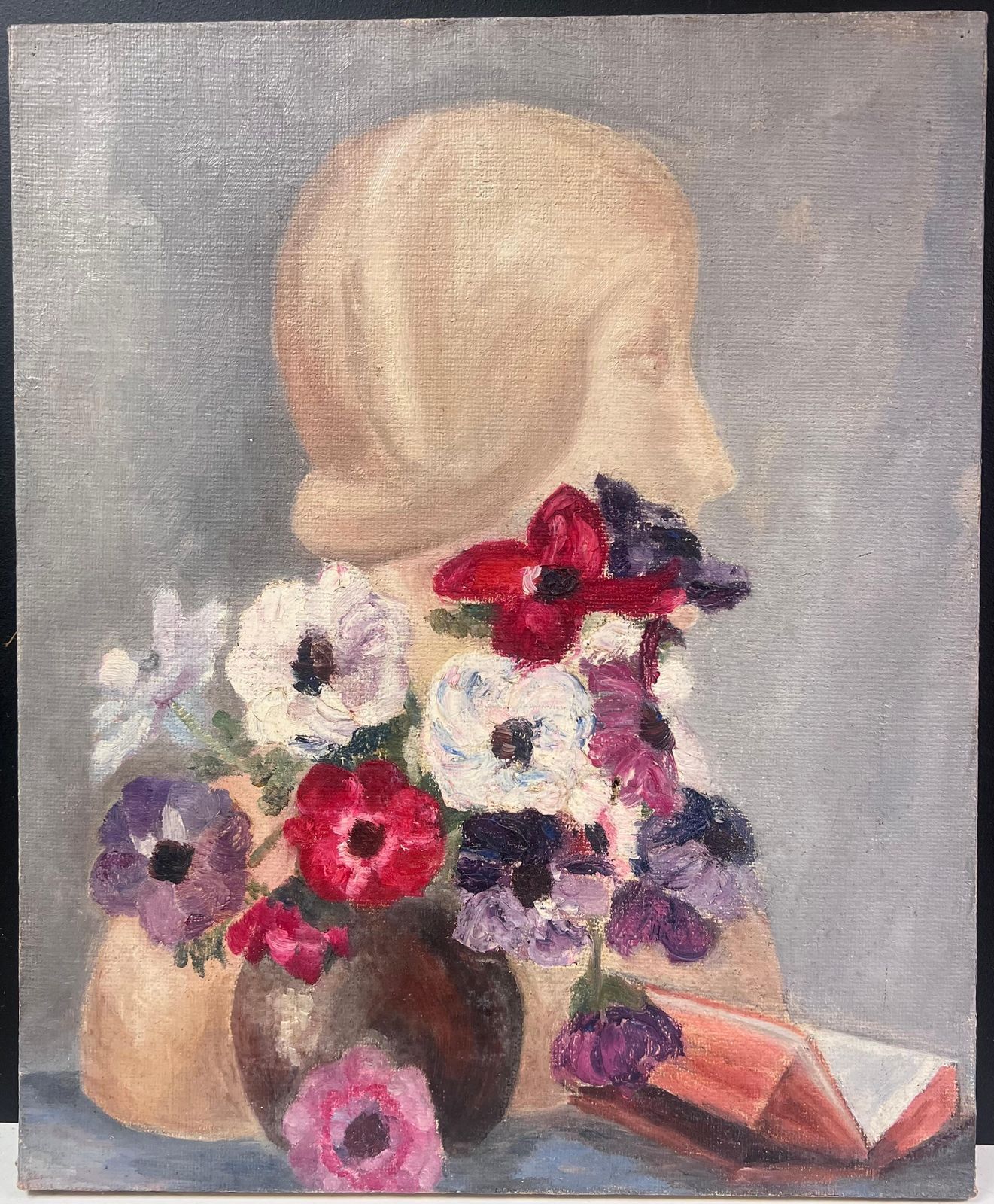 Simone Forgestill Life With Bust Sculpture Vibrant Anemone Flowers And Folded Book19th Century photo furniture