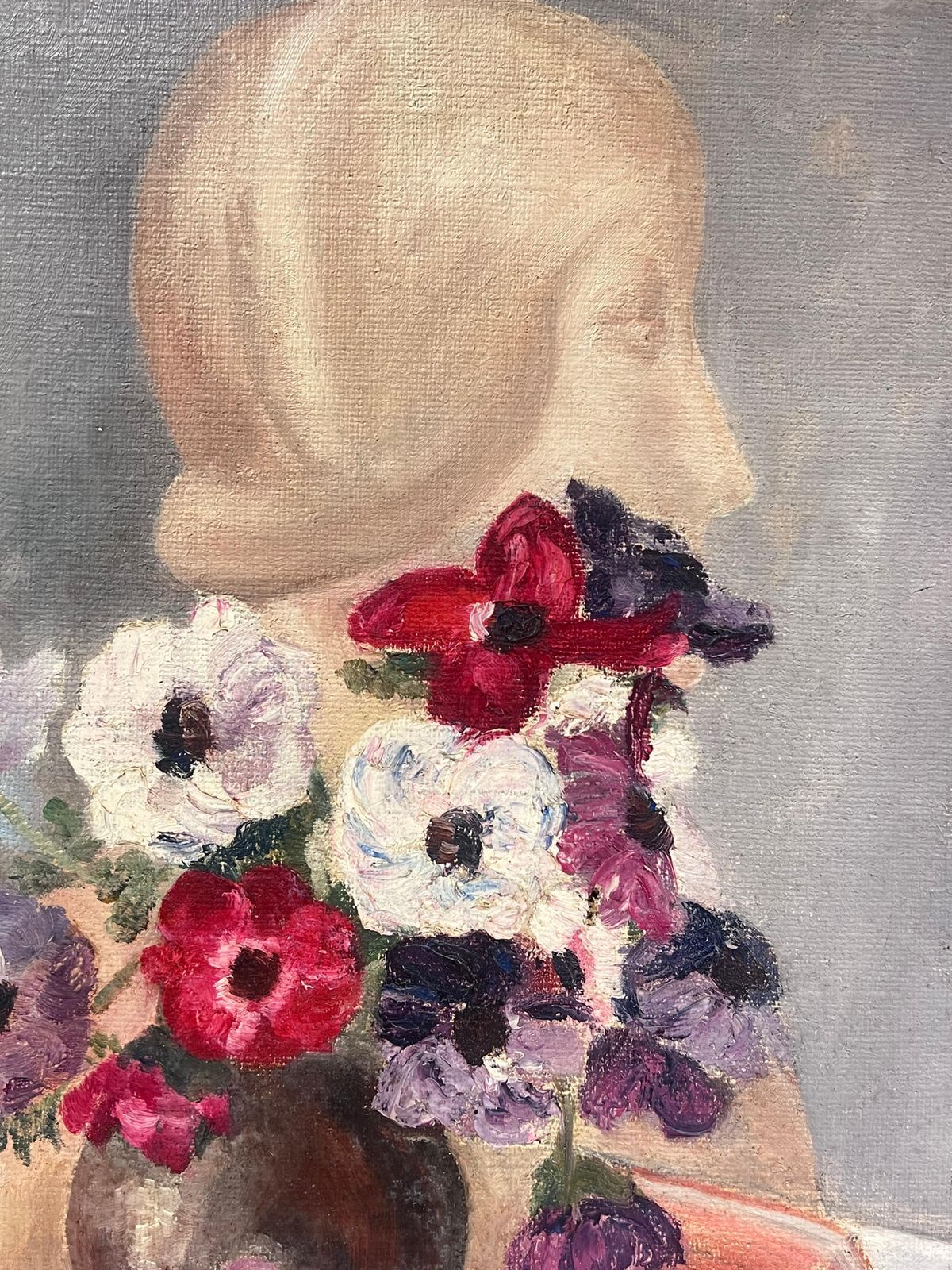Simone Forgestill Life With Bust Sculpture Vibrant Anemone Flowers And Folded Book19th Century photo for sale