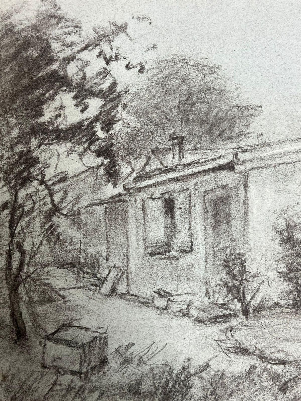 Regine Davidvintage Charcoal Drawing Of A Quaint Cottage Surrounded By Trees Landscape1954 photo Art