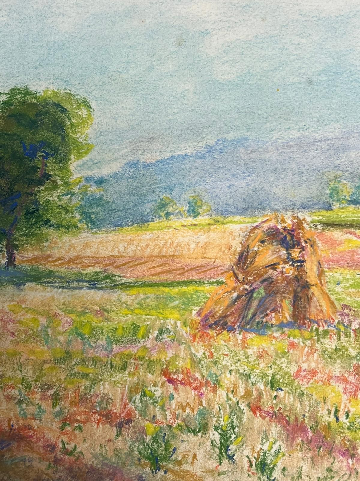 Regine Davidvibrant Pastoral Scene With Haystack And Blooming Meadow Colorful Pastel1947 photo for sale