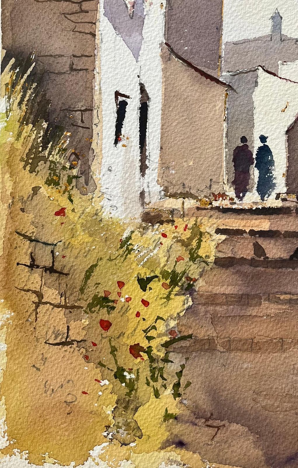 Anthony Averybritish Impressionist Watercolor Of Charming Narrow Alleyway With Figures photo for sale