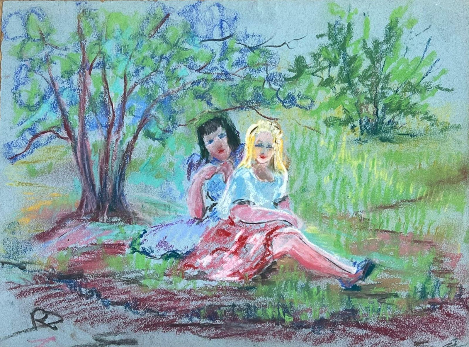 Regine Davidmid 20th Century Charming Pastel Drawing Of Two Women In A Serene Park Setting1947