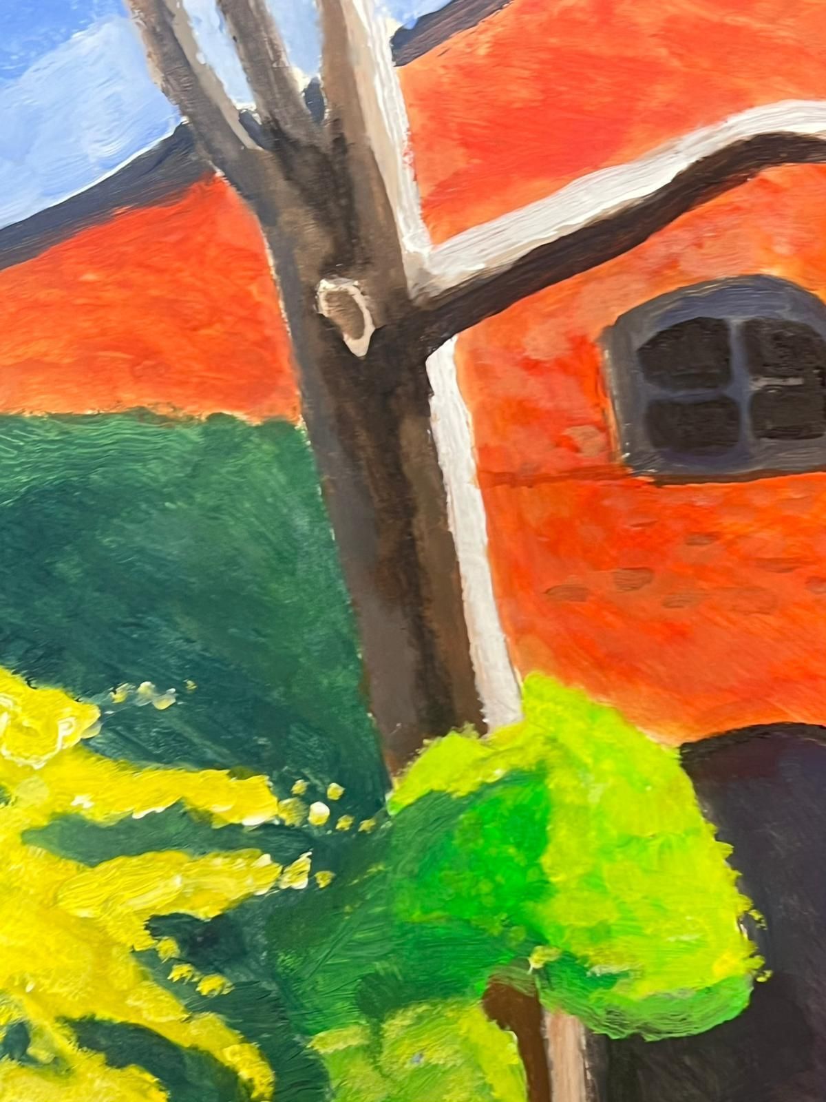 Jill Jacksonbold Landscape Painting With Red Roof And Lush Green Foliage photo vinterior
