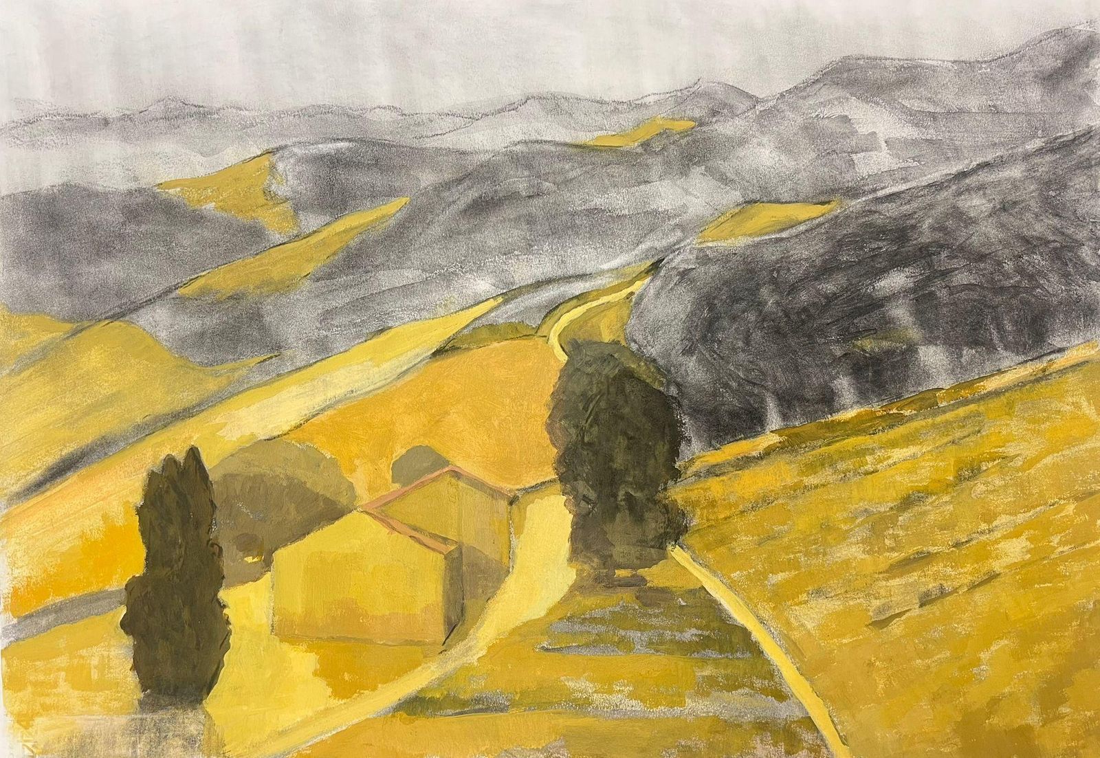 Jill Jacksonmodernist Landscape In Earthy Yellow And Gray Tones Featuring Rolling Hills