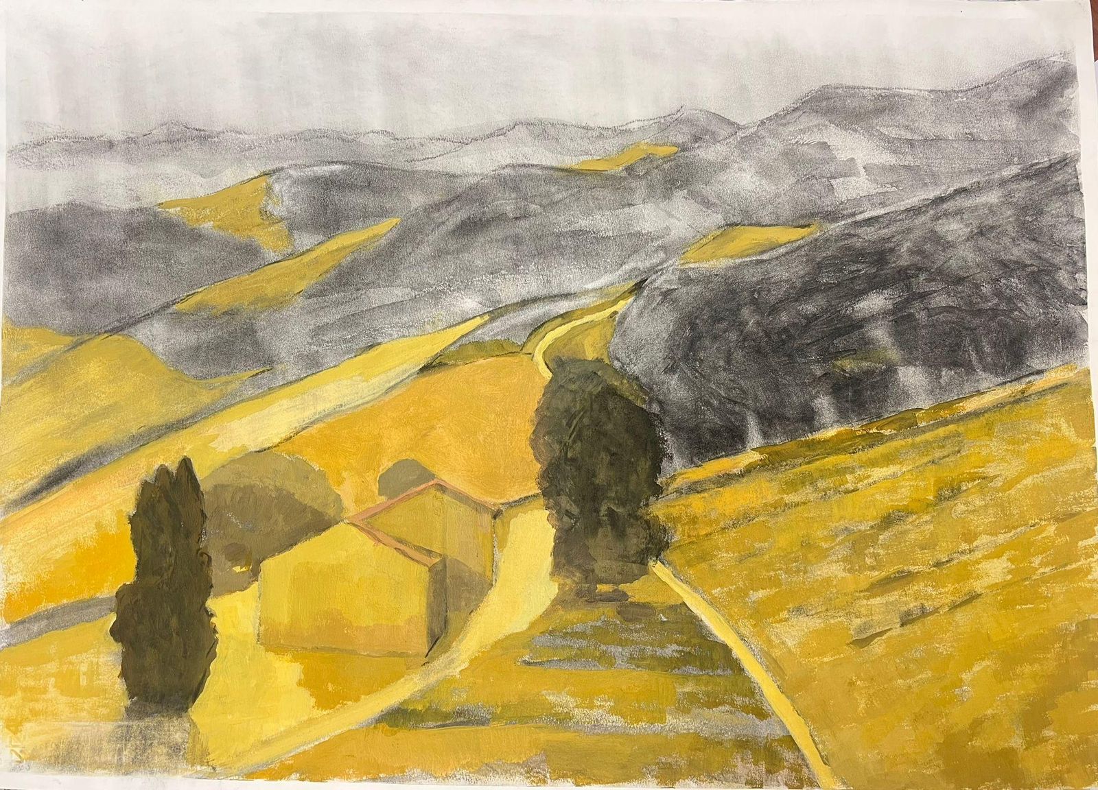 Jill Jacksonmodernist Landscape In Earthy Yellow And Gray Tones Featuring Rolling Hills photo furniture
