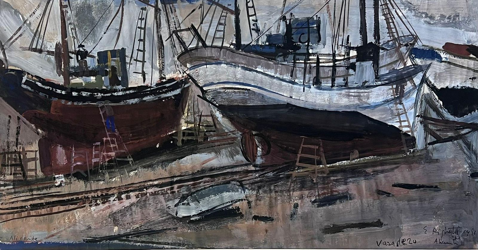 édouard Righetti (1924 2001)french Post Impressionist Oil Maritime Scene With Docked Fishing Boats1960’s