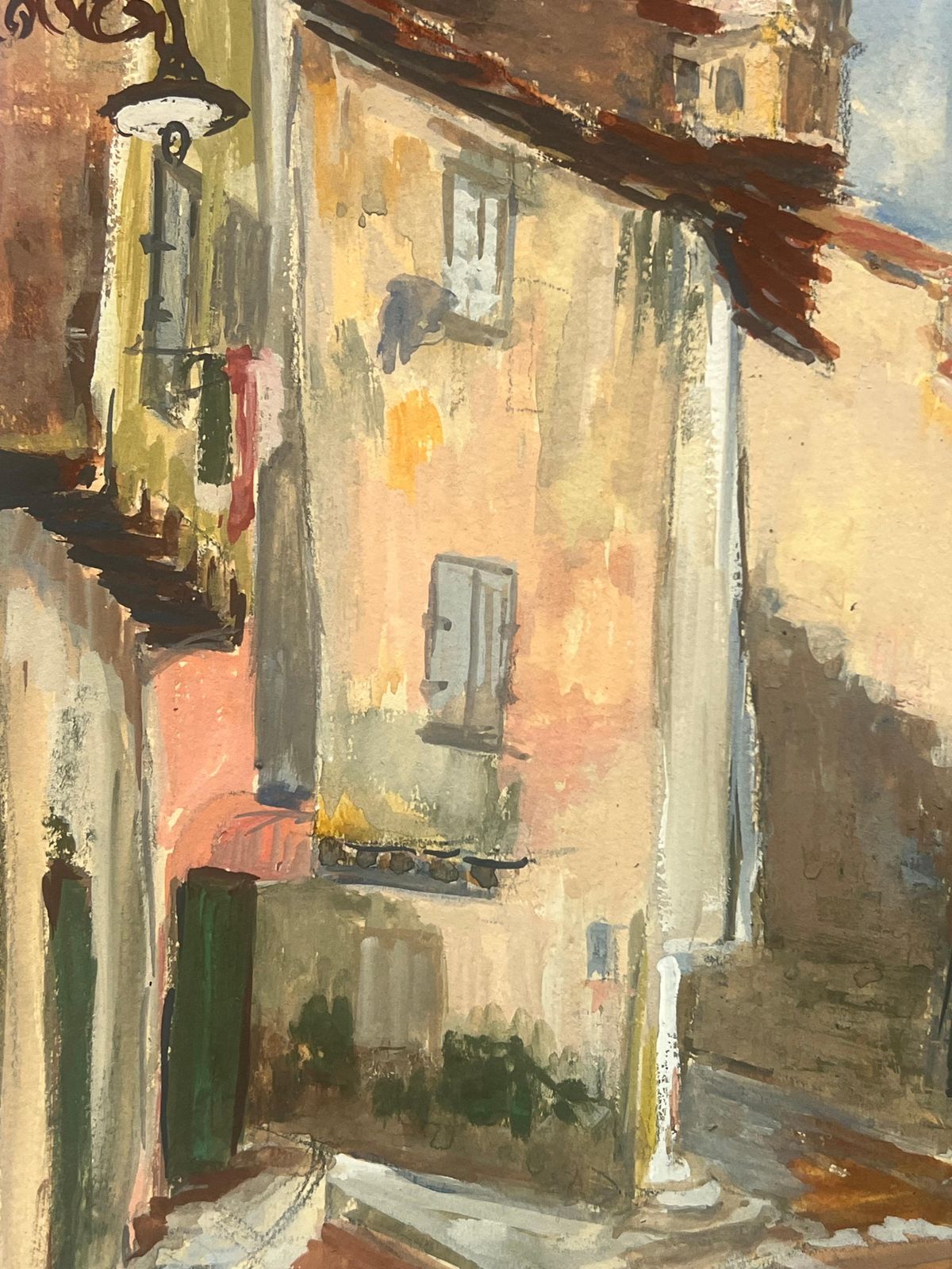 Regine Davidfrench Village Street Scene With Tower And Shuttered Windows1950's photo for sale