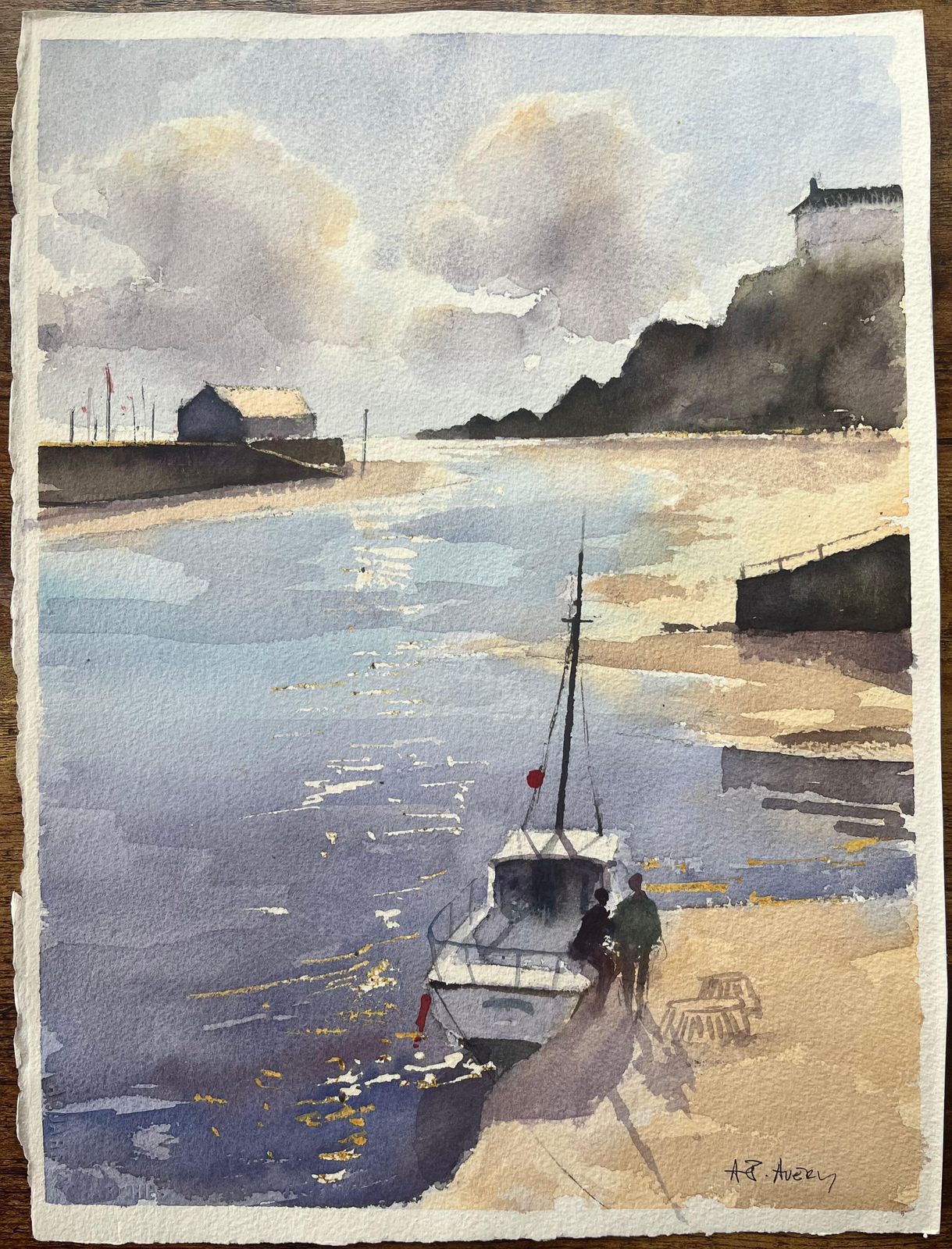 Anthony Averybritish Impressionist Watercolor Of Seaside Dock With Boat And Figures photo furniture