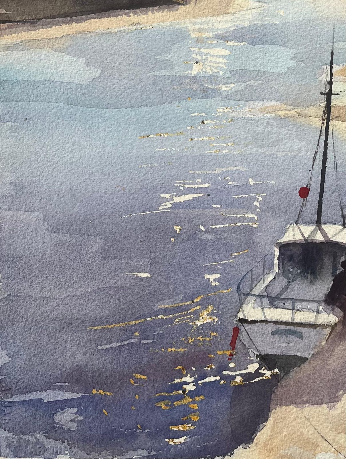 Anthony Averybritish Impressionist Watercolor Of Seaside Dock With Boat And Figures photo Art