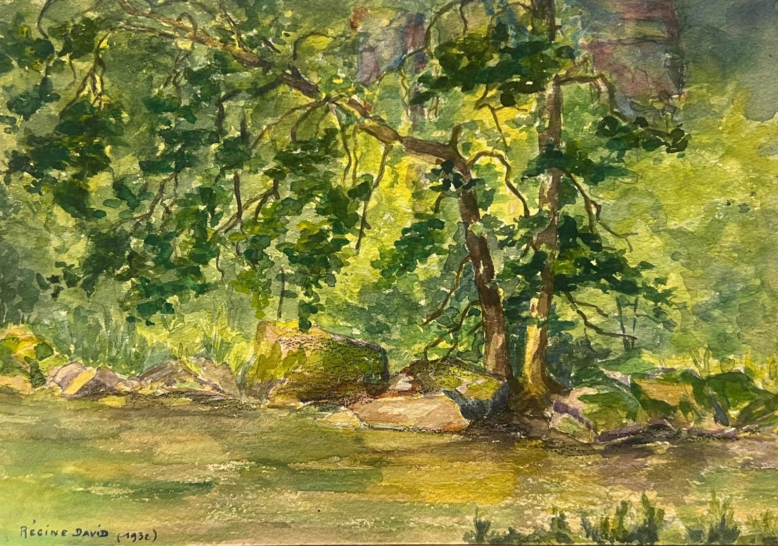 Regine Davidforest Scene With Sunlit Foliage Tranquil Watercolor Banks Of The Buëch River1932