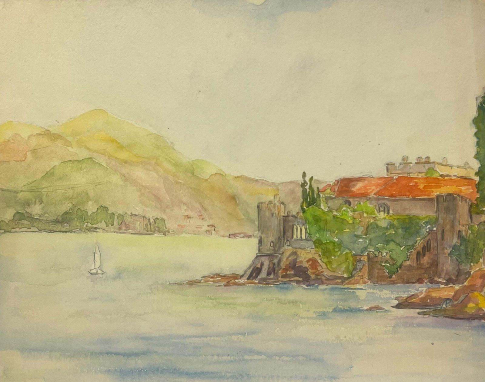 Regine Davidtranquil Coastal Landscape With Seaside Villa And Sailboat Château La Napoule1933
