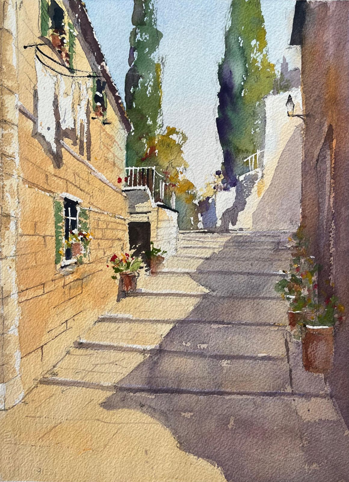 Anthony Averybritish Impressionist Watercolor Of Sunlit Stone Alleyway With Cypress Trees